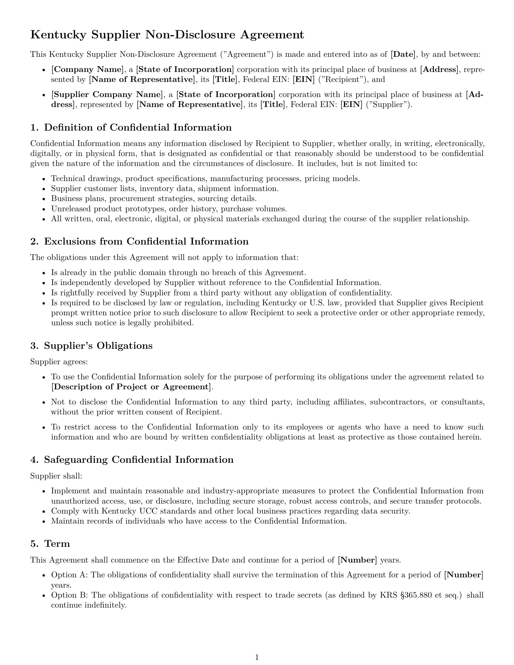 Preview page 1 of Free Kentucky supplier nda template