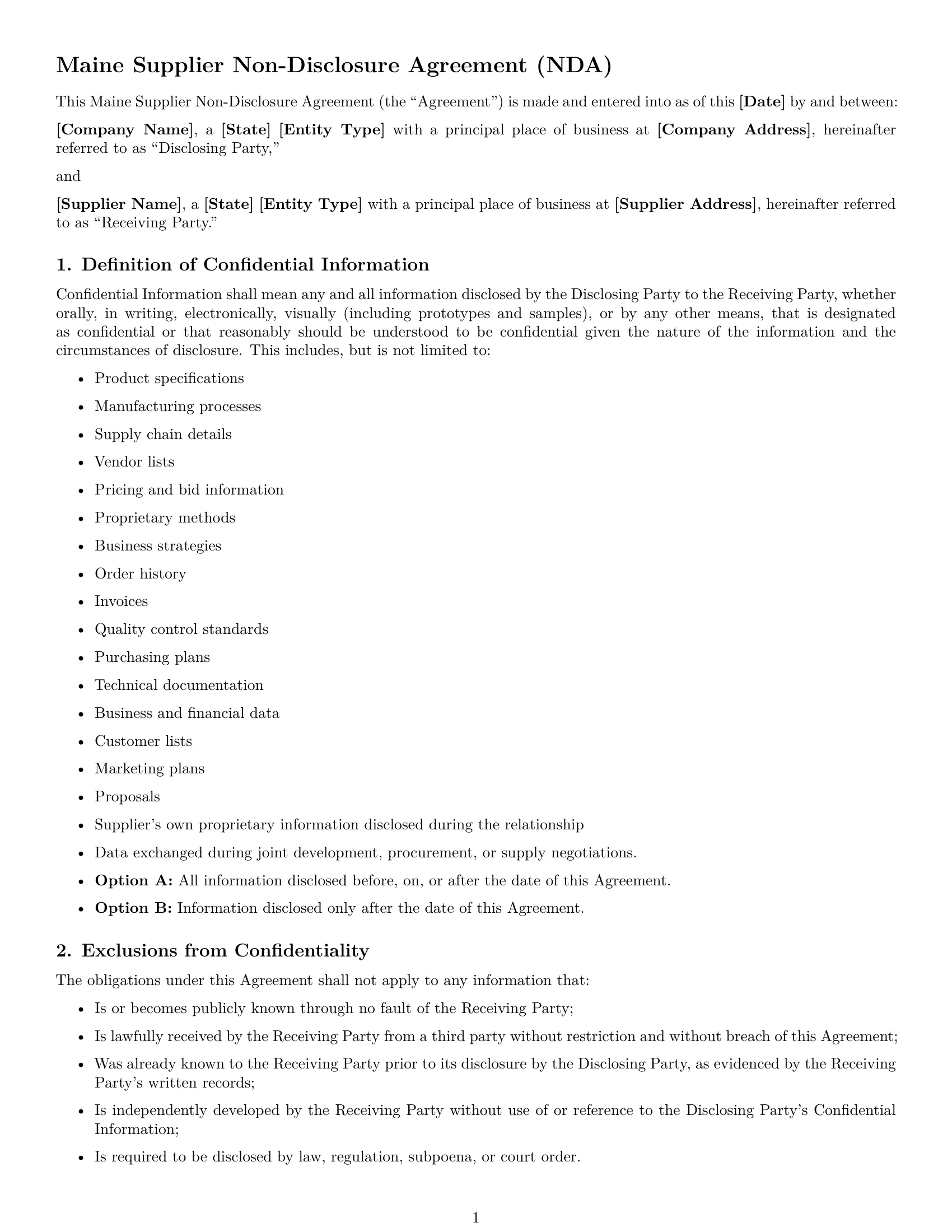 Preview page 1 of Free Maine supplier nda template