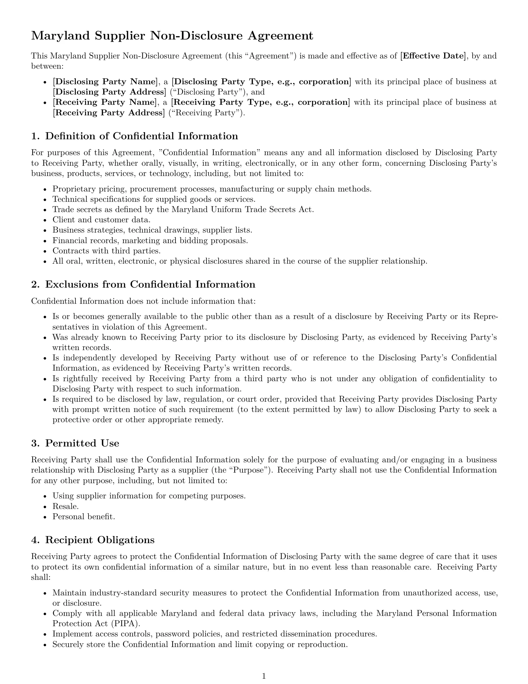 Preview page 1 of Free Maryland supplier nda template