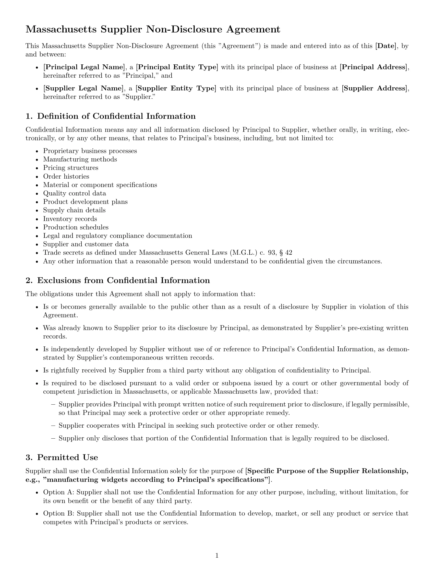 Preview page 1 of Free Massachusetts supplier nda template