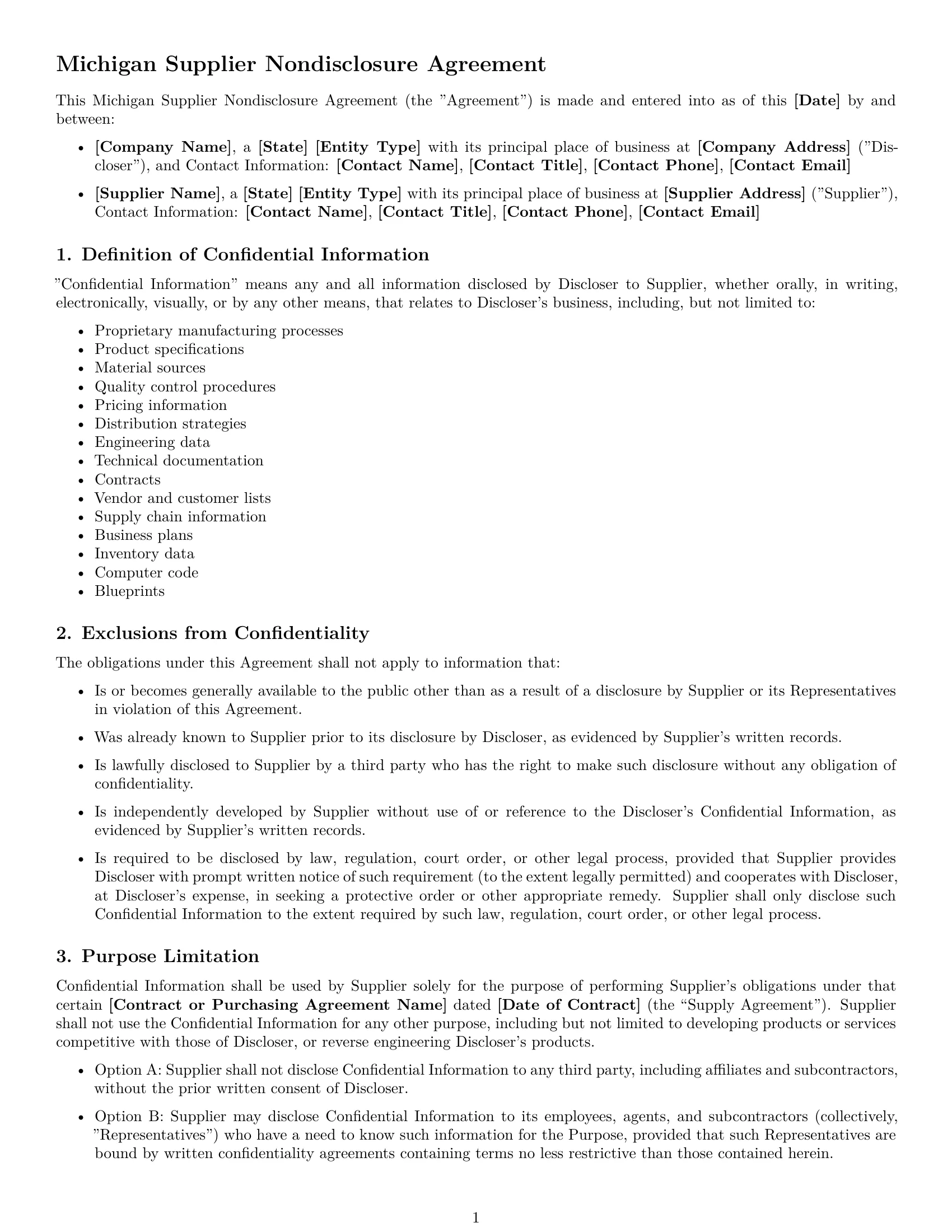 Preview page 1 of Free Michigan supplier nda template
