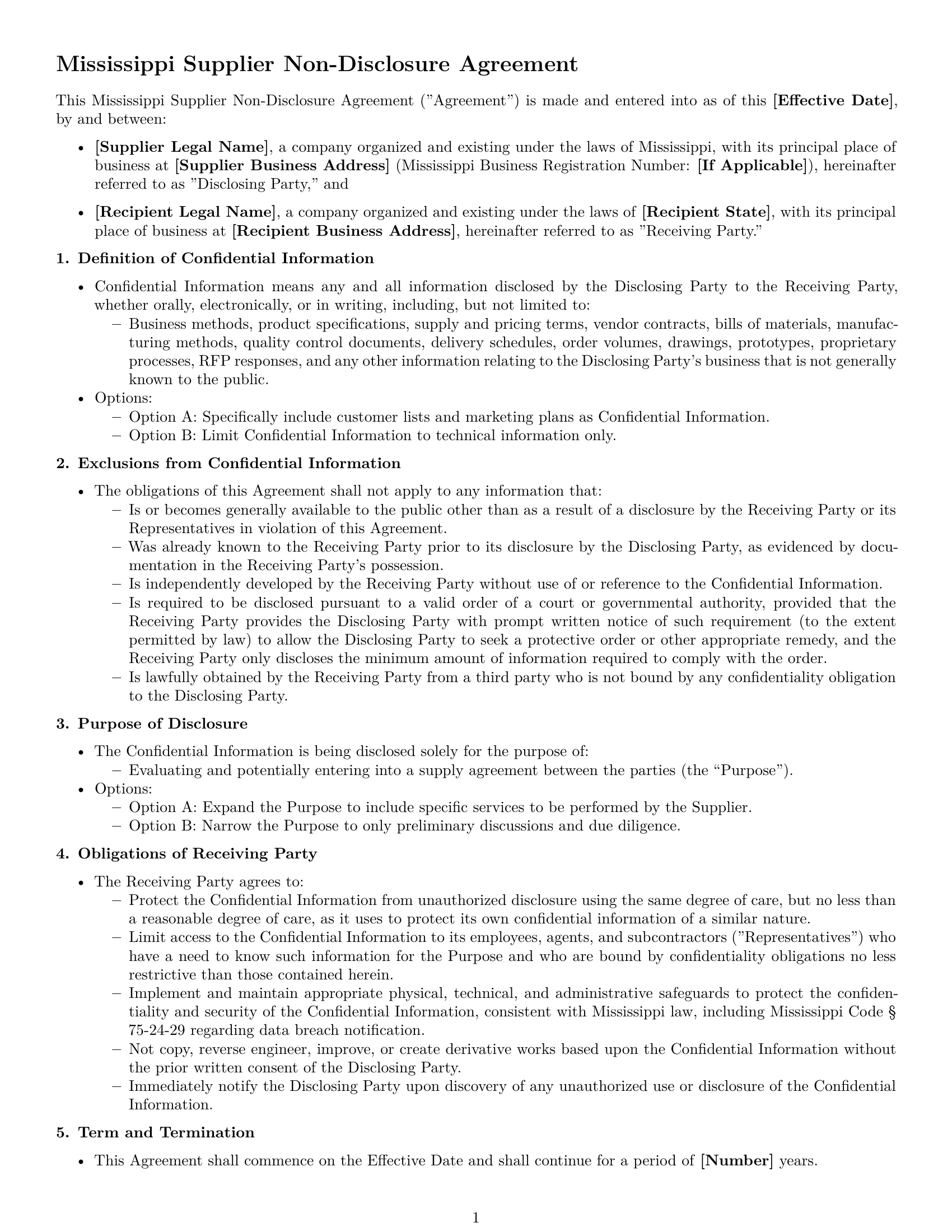 Preview page 1 of Free Mississippi supplier nda template