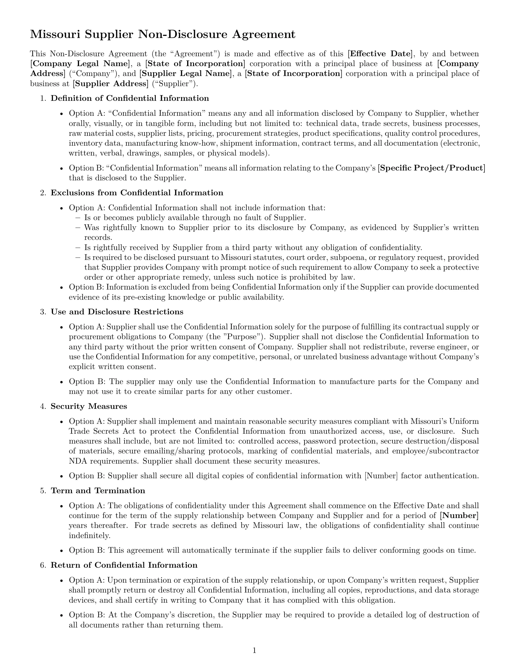 Preview page 1 of Free Missouri supplier nda template