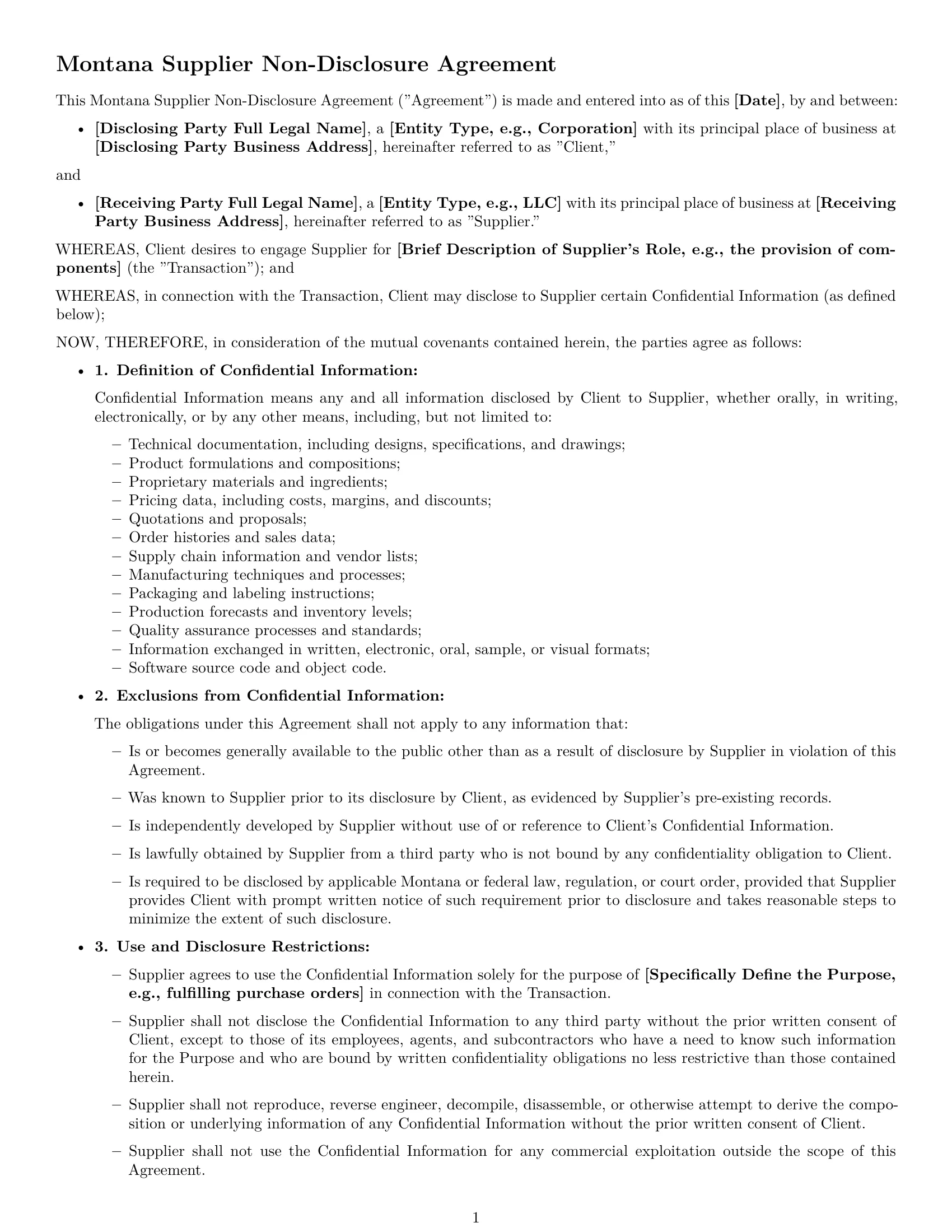 Preview page 1 of Free Montana supplier nda template