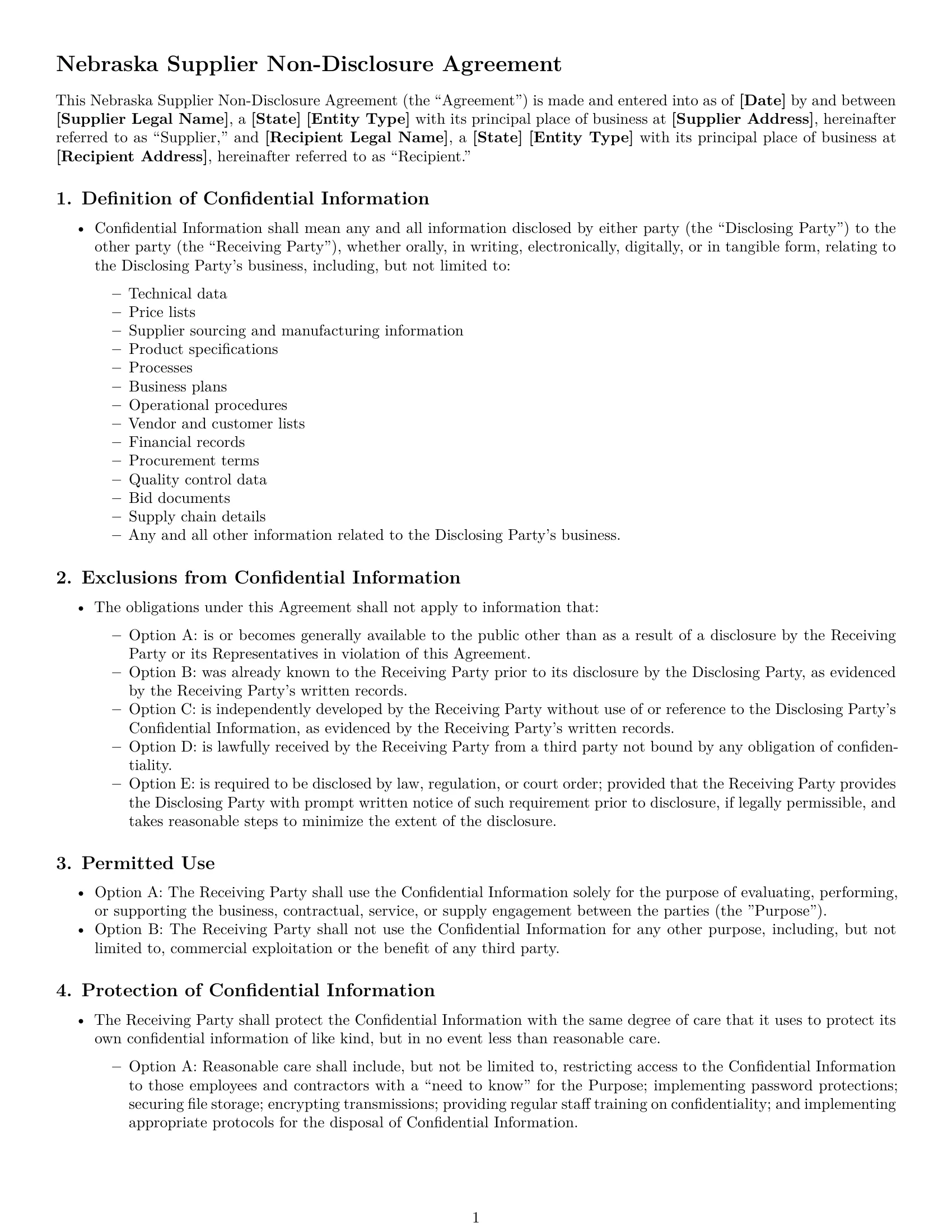 Preview page 1 of Free Nebraska supplier nda template