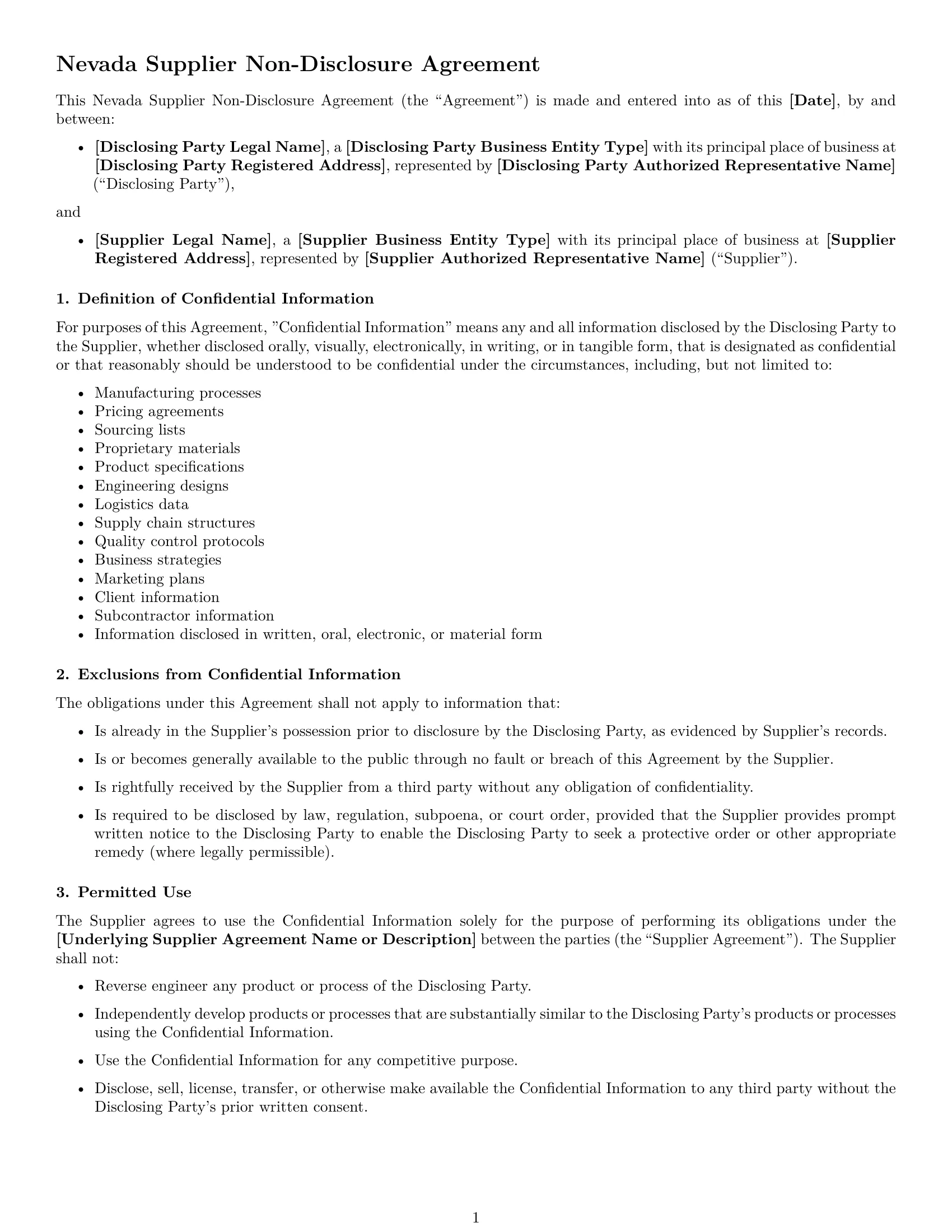 Preview page 1 of Free Nevada supplier nda template