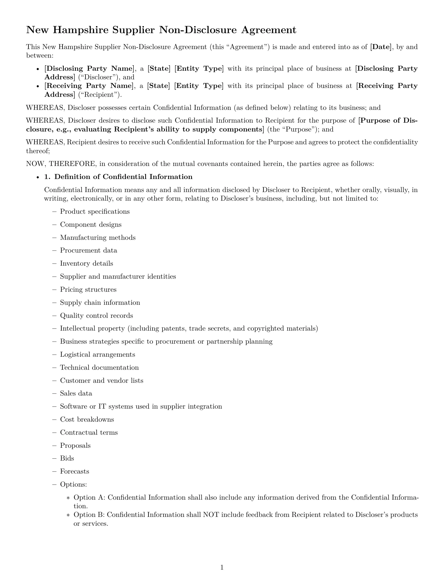 Preview page 1 of Free New Hampshire supplier nda template