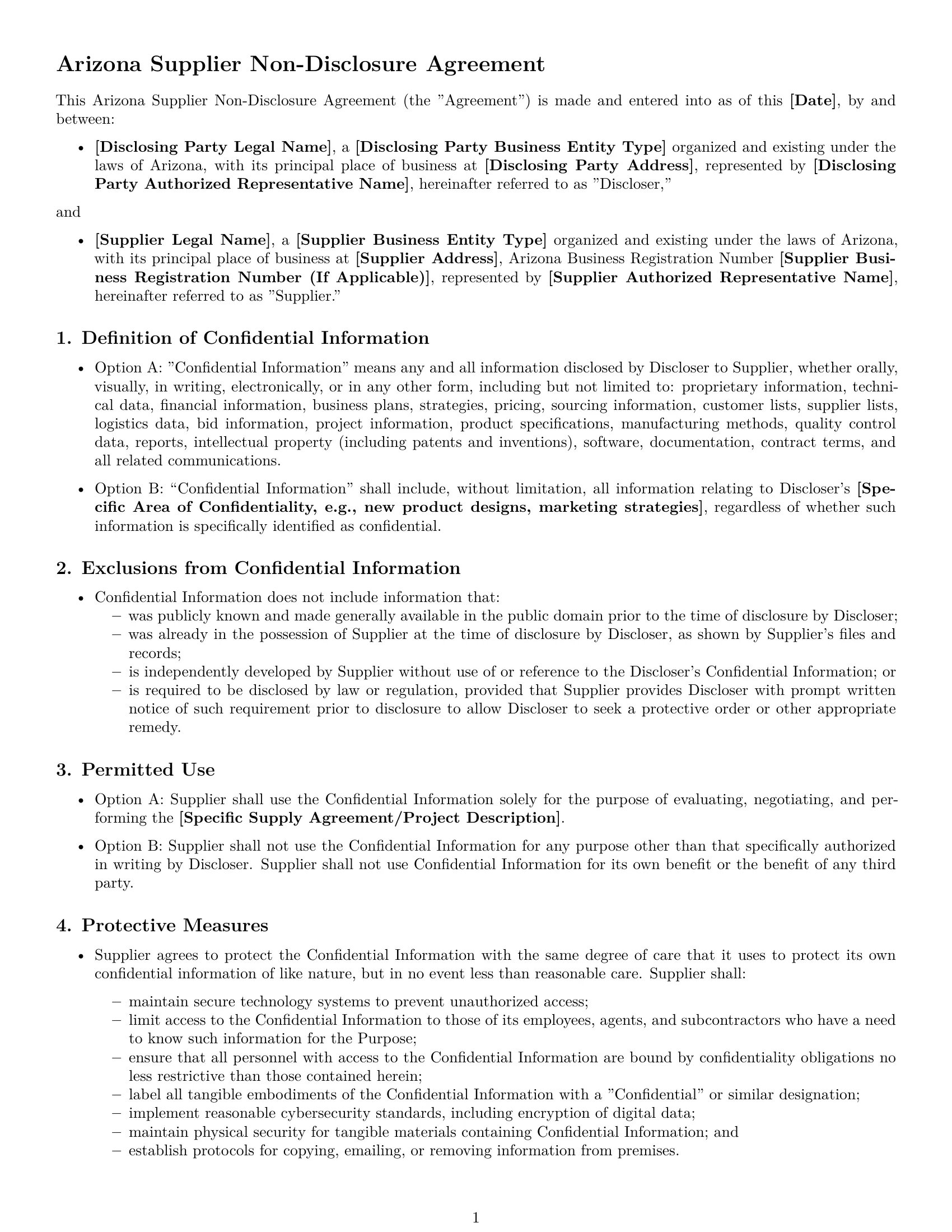 Preview page 1 of Free Arizona supplier nda template