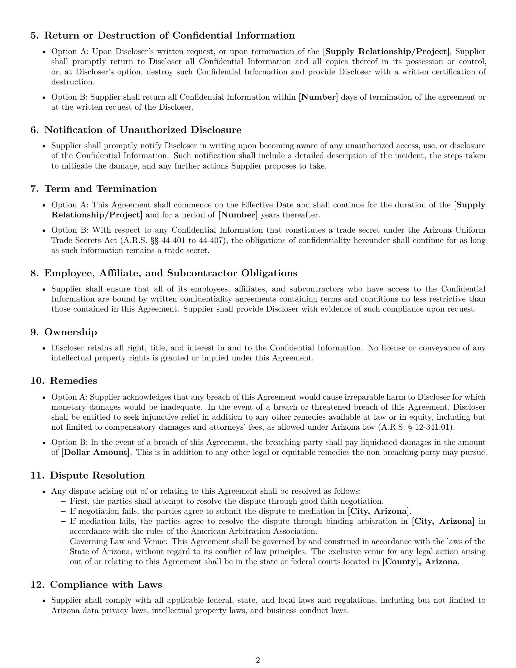 Preview page 2 of Free Arizona supplier nda template