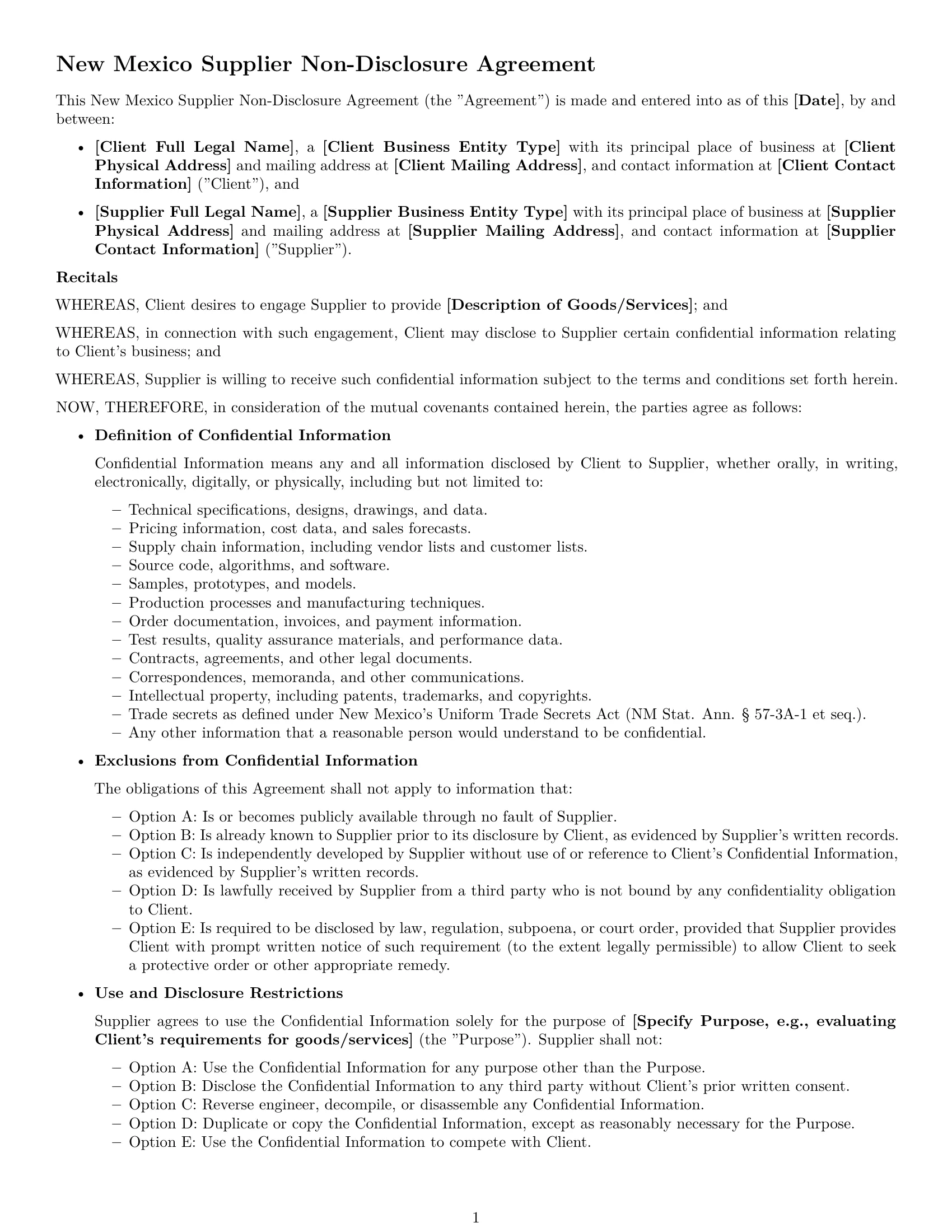 Preview page 1 of Free New Mexico supplier nda template