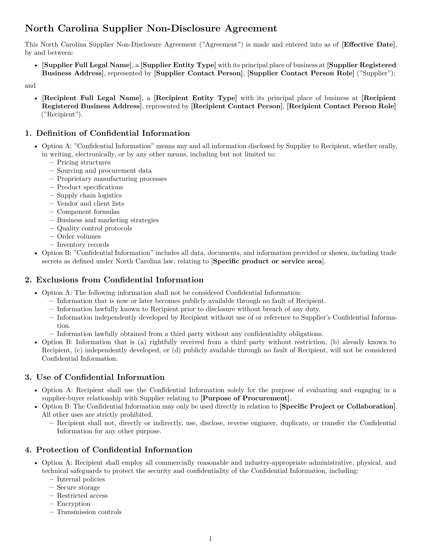 Preview page 1 of Free North Carolina supplier nda template