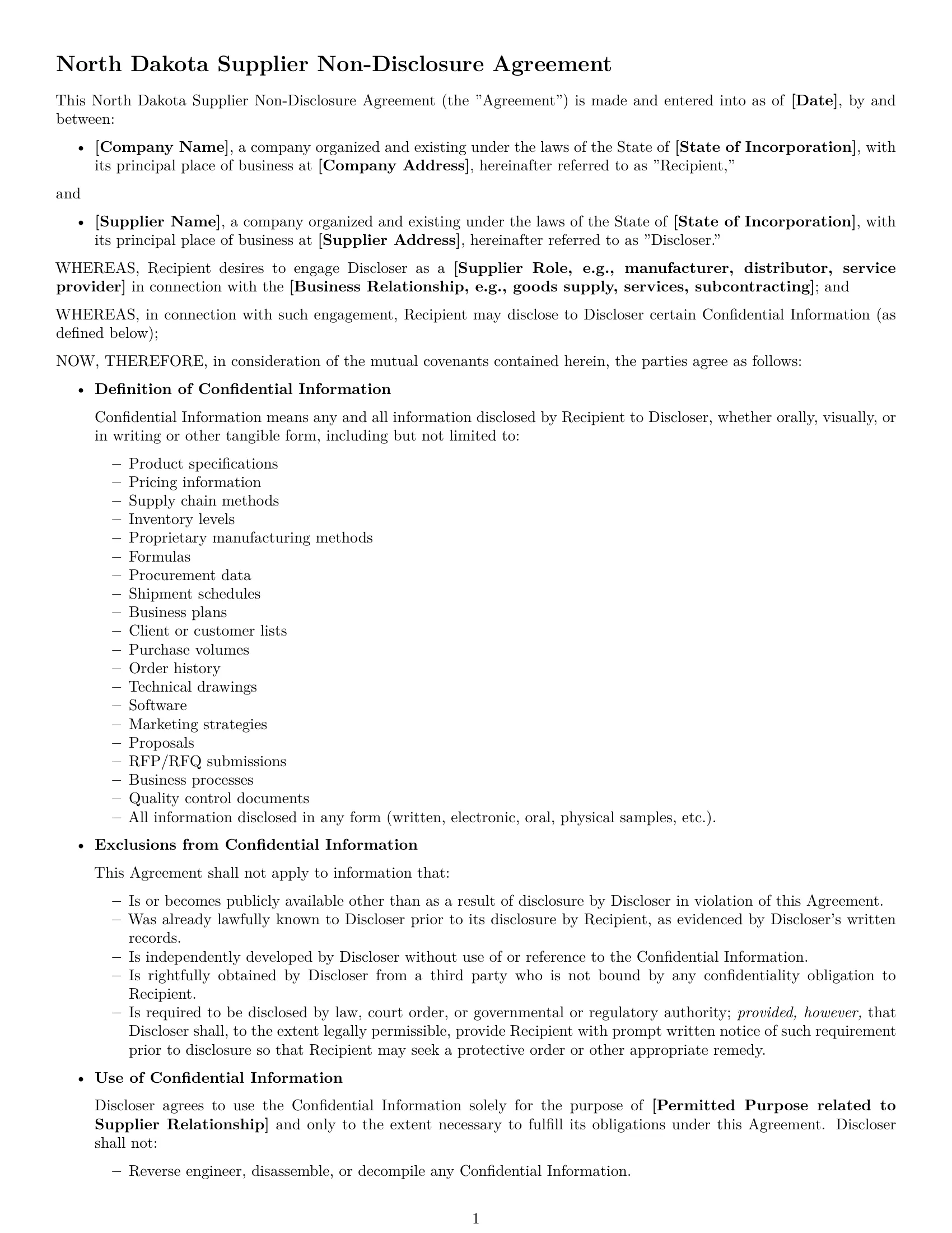 Preview page 1 of Free North Dakota supplier nda template