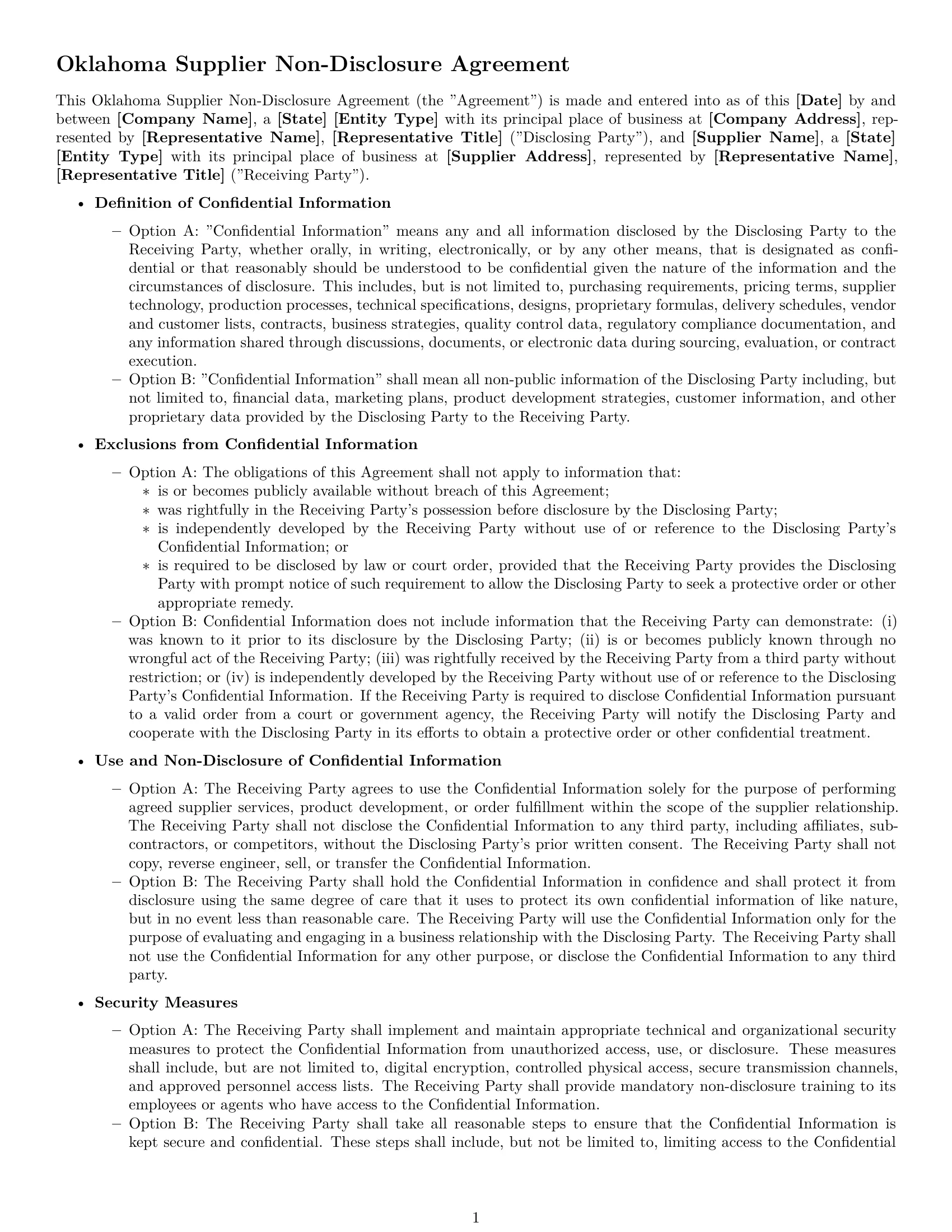 Preview page 1 of Free Oklahoma supplier nda template