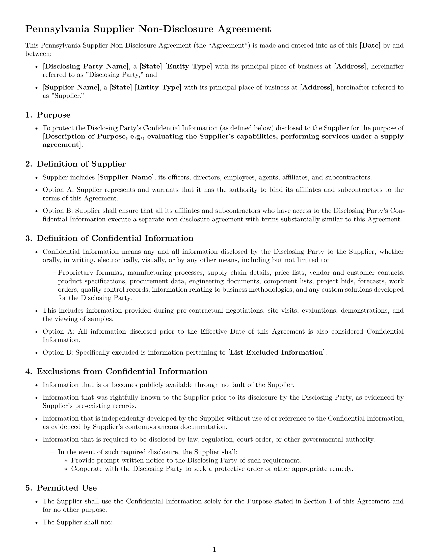 Preview page 1 of Free Pennsylvania supplier nda template
