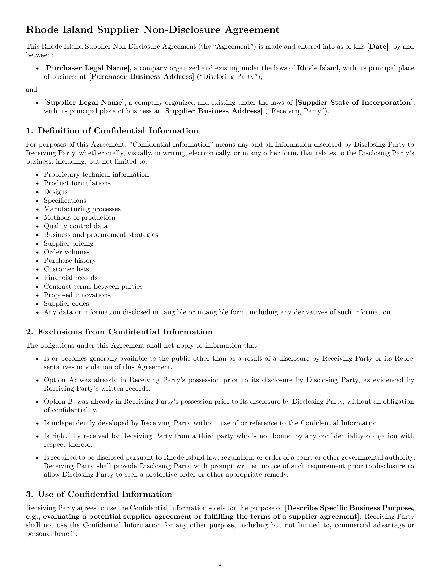 Preview page 1 of Free Rhode Island supplier nda template