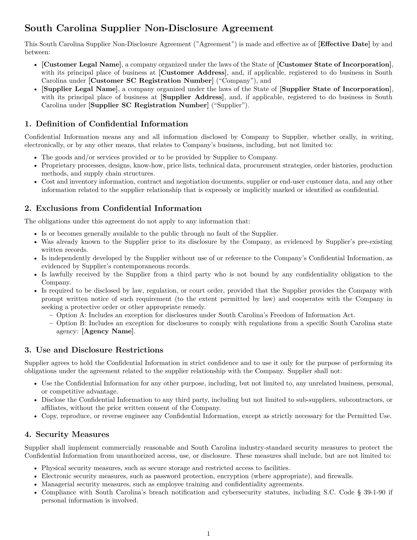 Preview page 1 of Free South Carolina supplier nda template