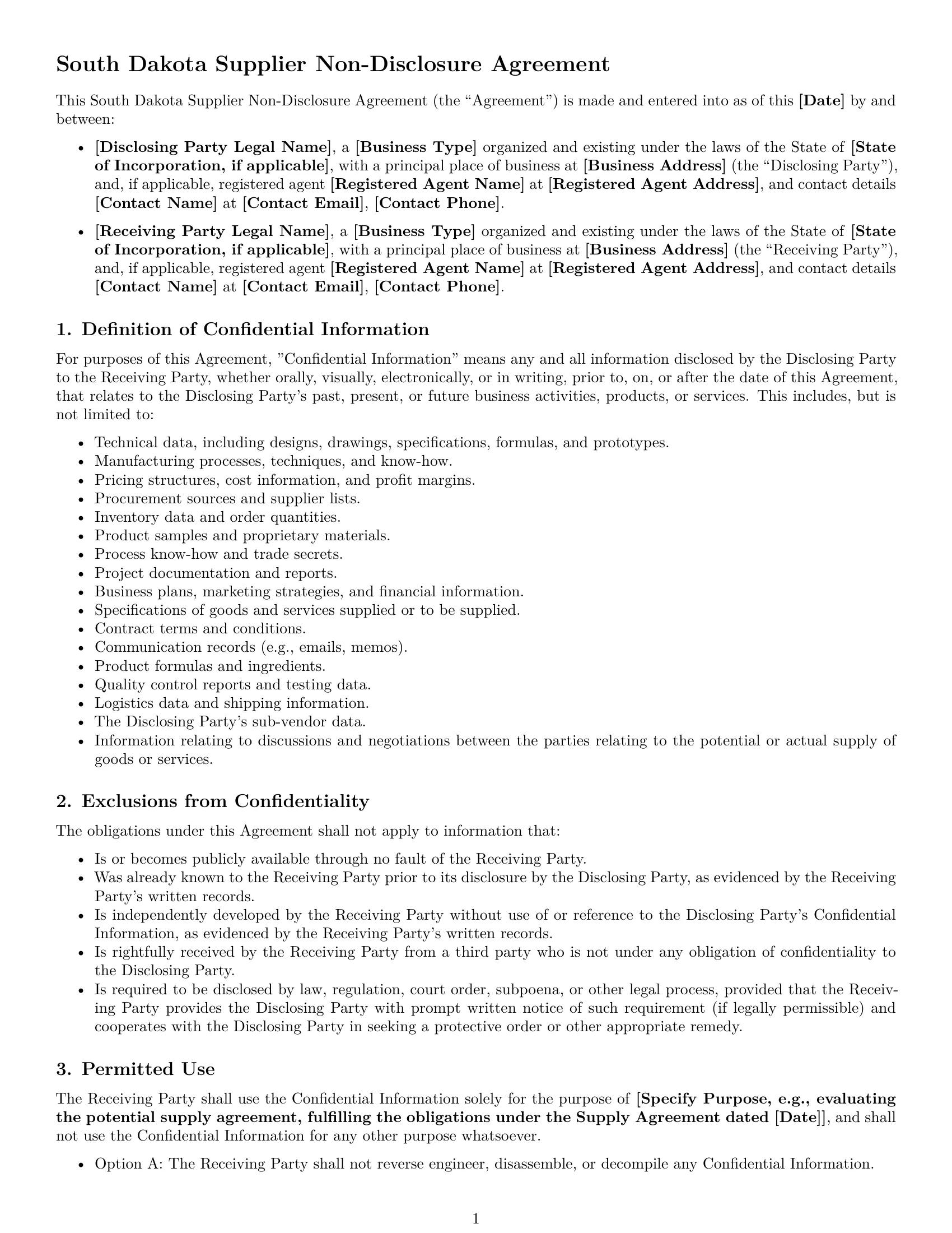 Preview page 1 of Free South Dakota supplier nda template