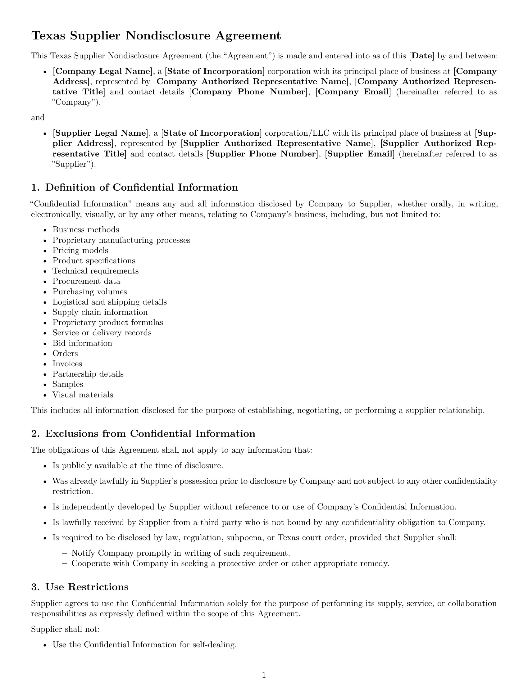Preview page 1 of Free Texas supplier nda template