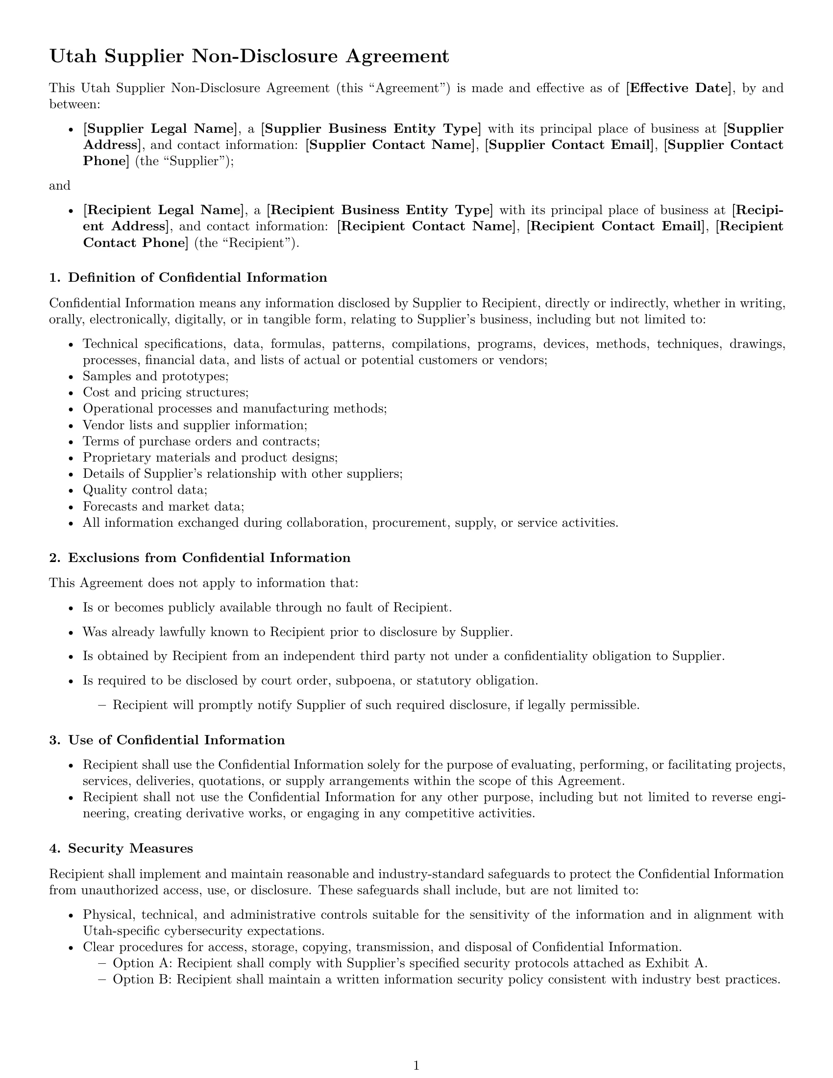Preview page 1 of Free Utah supplier nda template