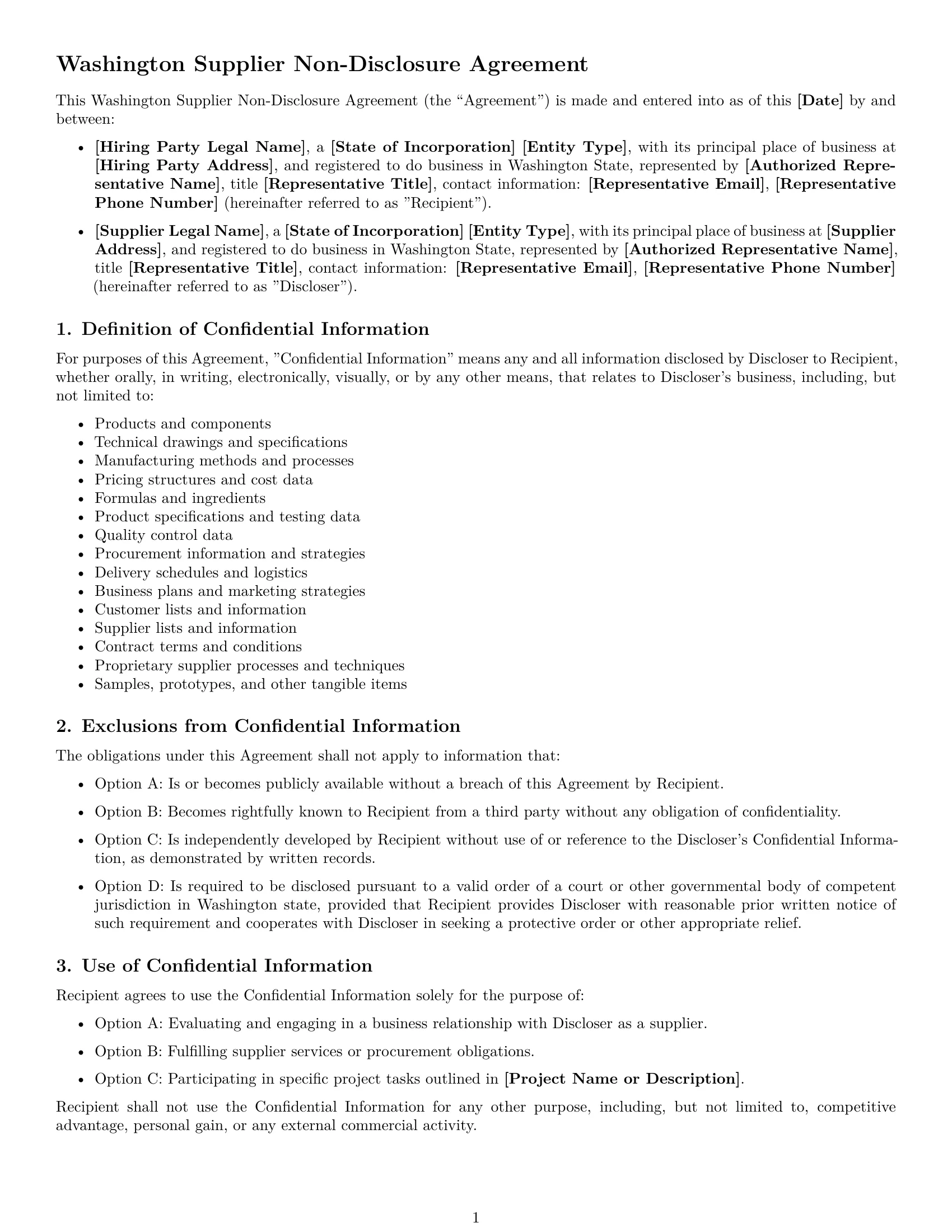 Preview page 1 of Free Washington supplier nda template
