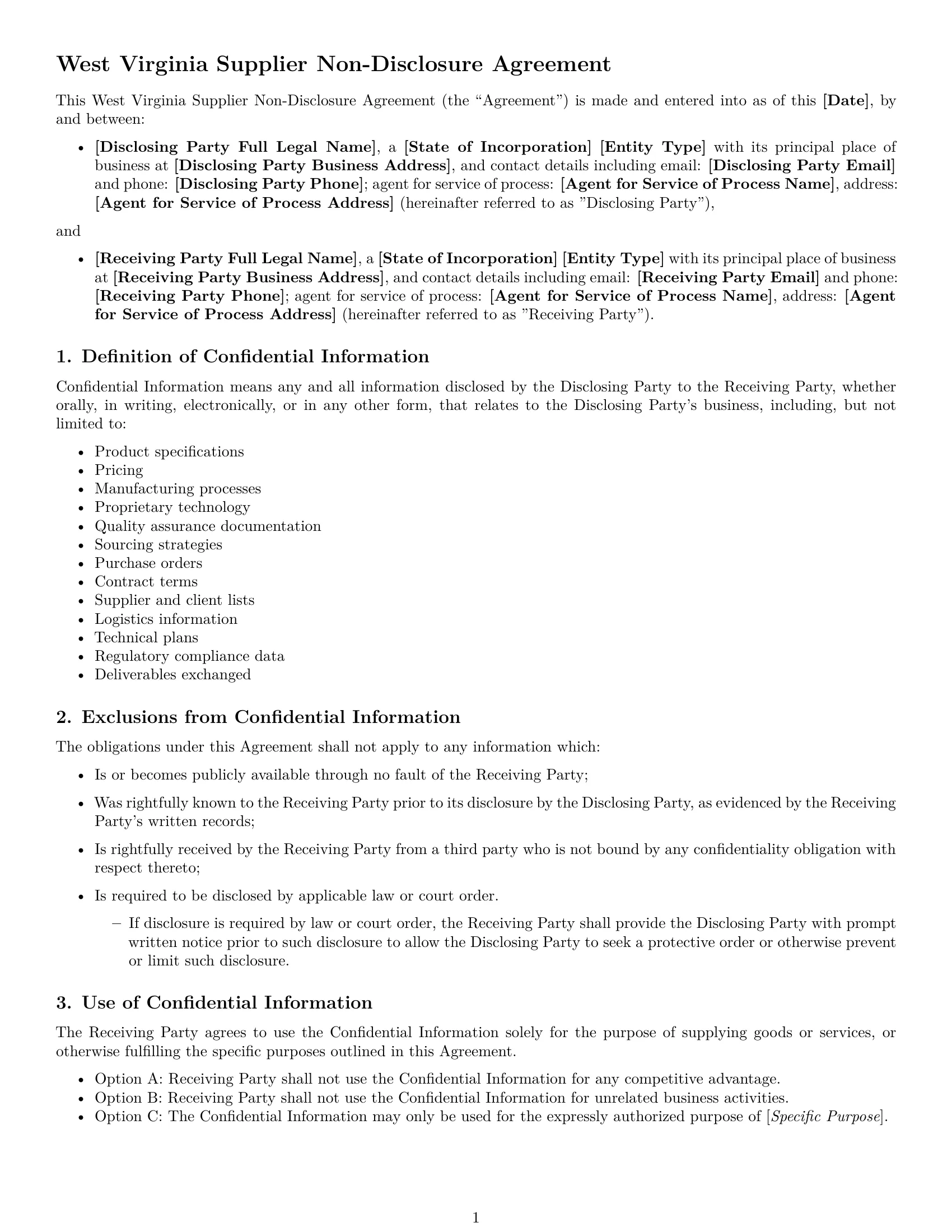 Preview page 1 of Free West Virginia supplier nda template