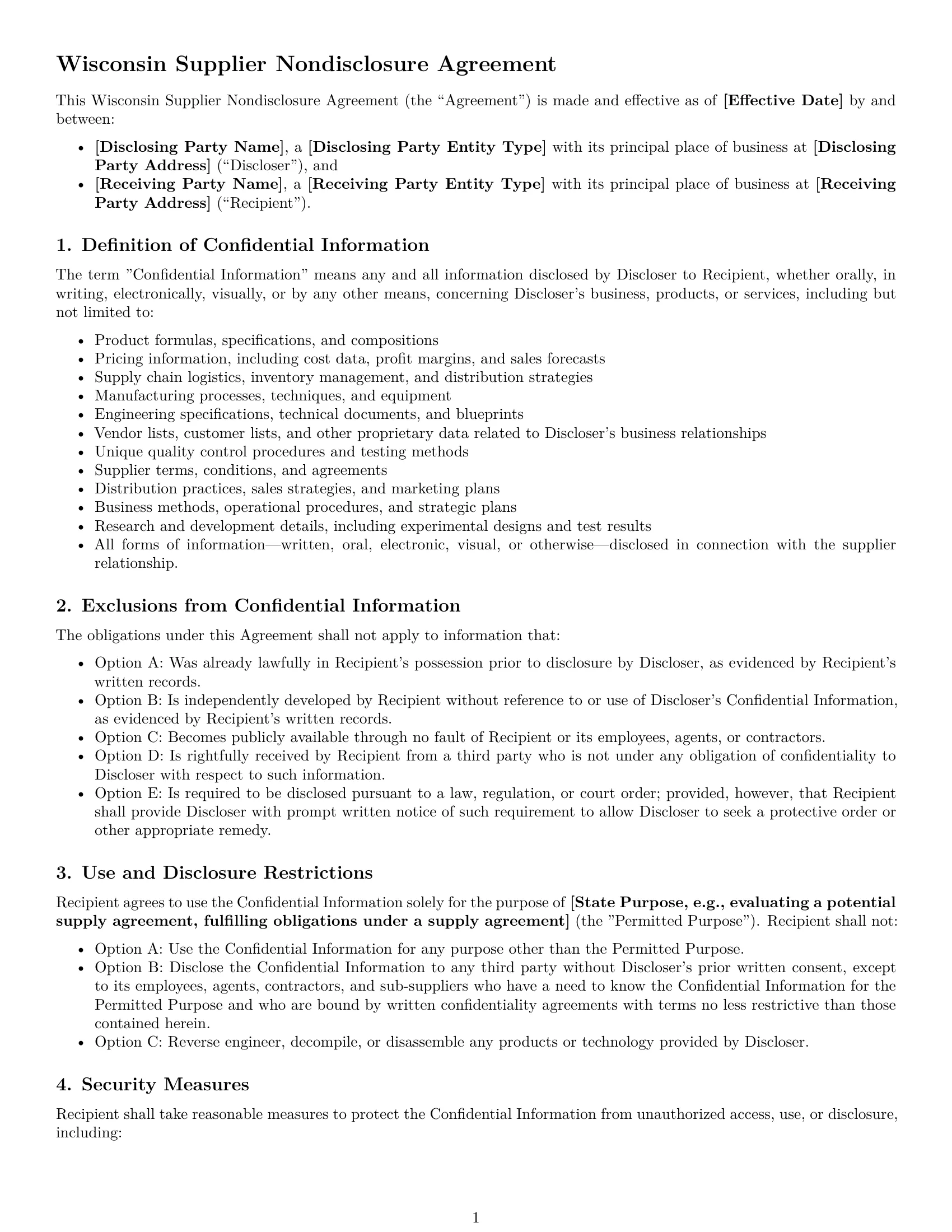 Preview page 1 of Free Wisconsin supplier nda template