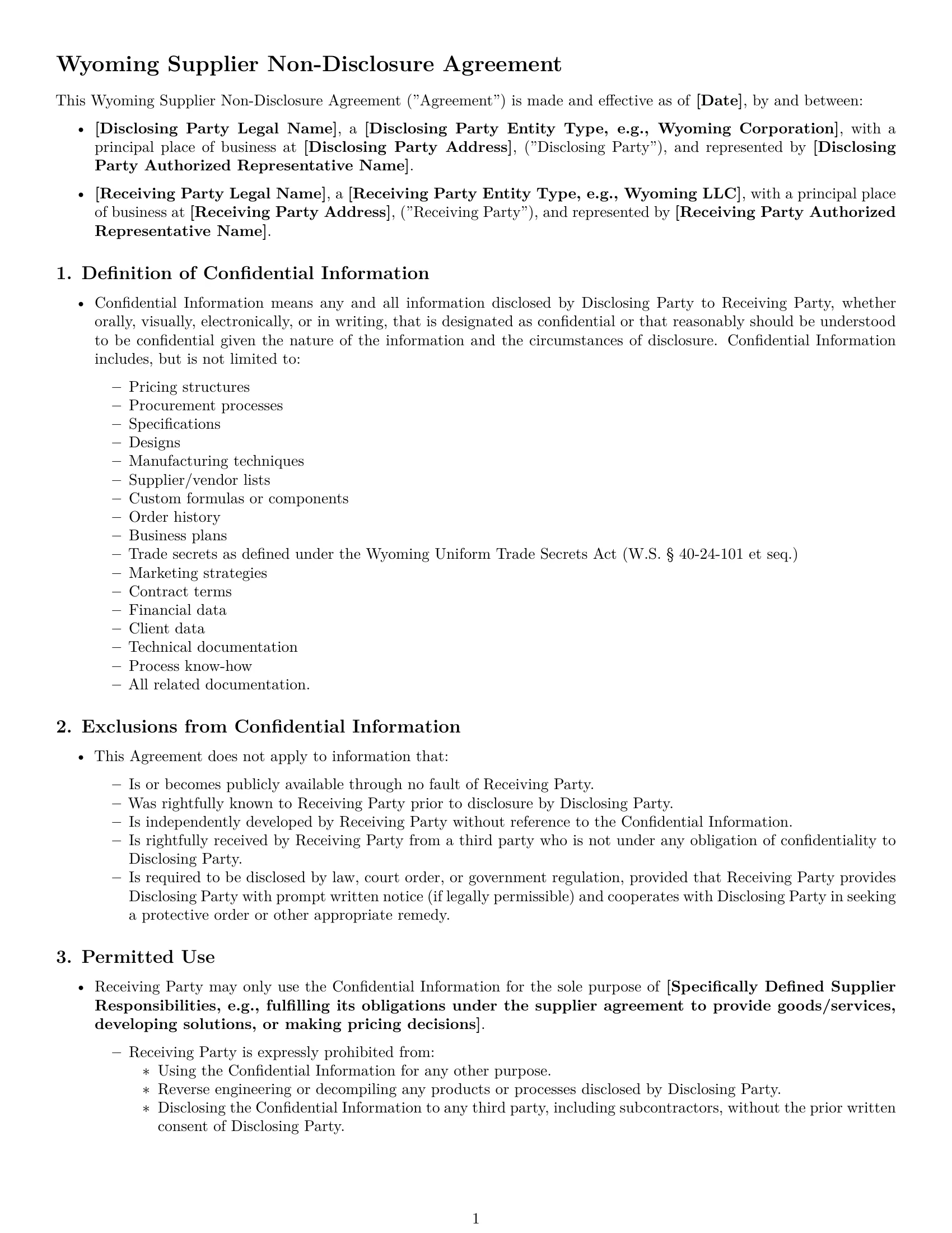 Preview page 1 of Free Wyoming supplier nda template