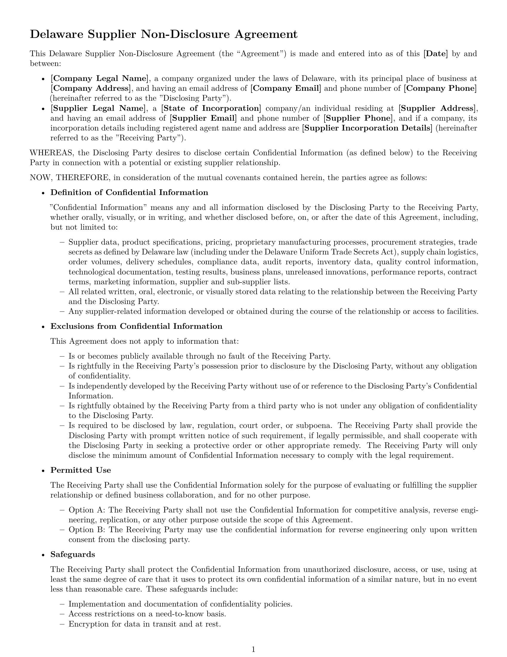 Preview page 1 of Free Delaware supplier nda template