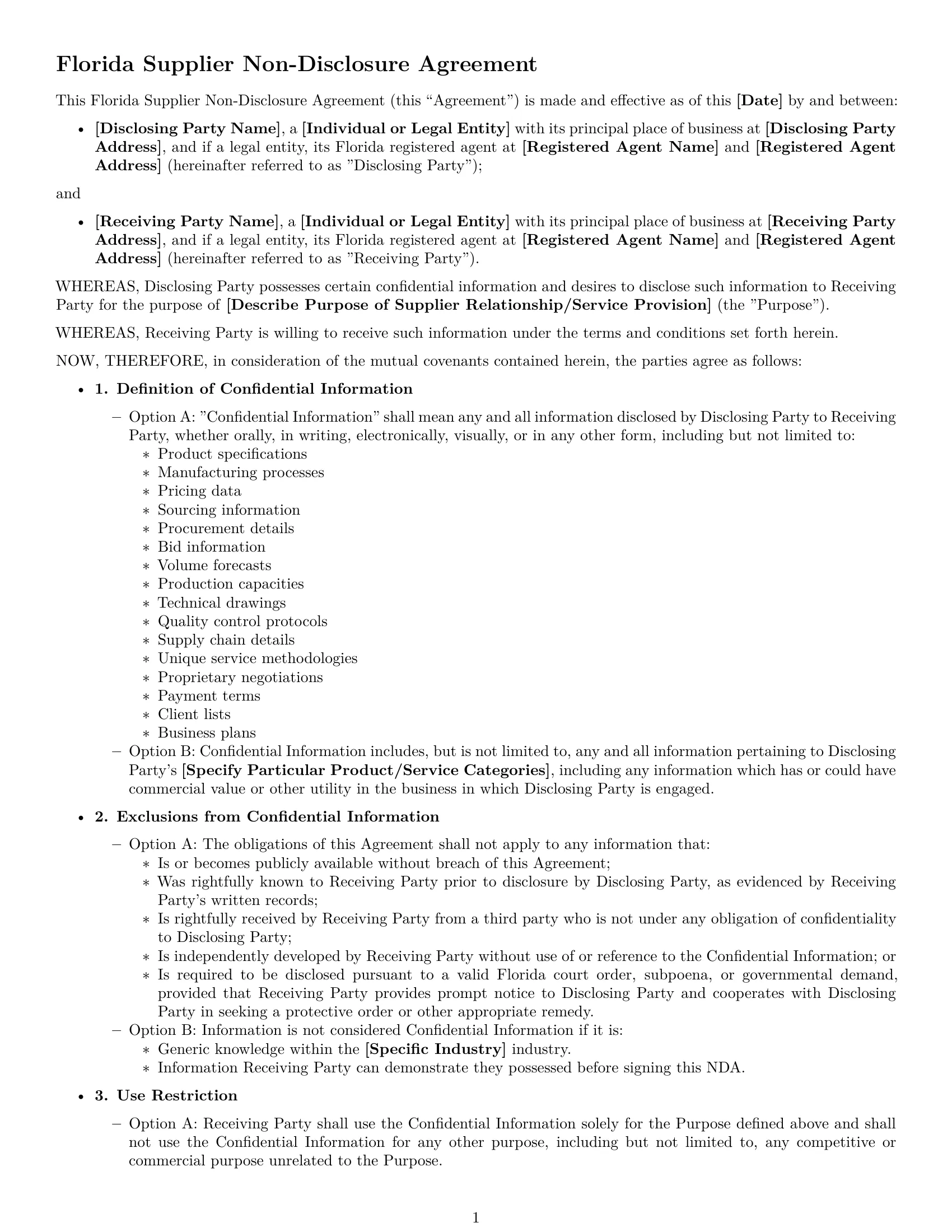 Preview page 1 of Free Florida supplier nda template