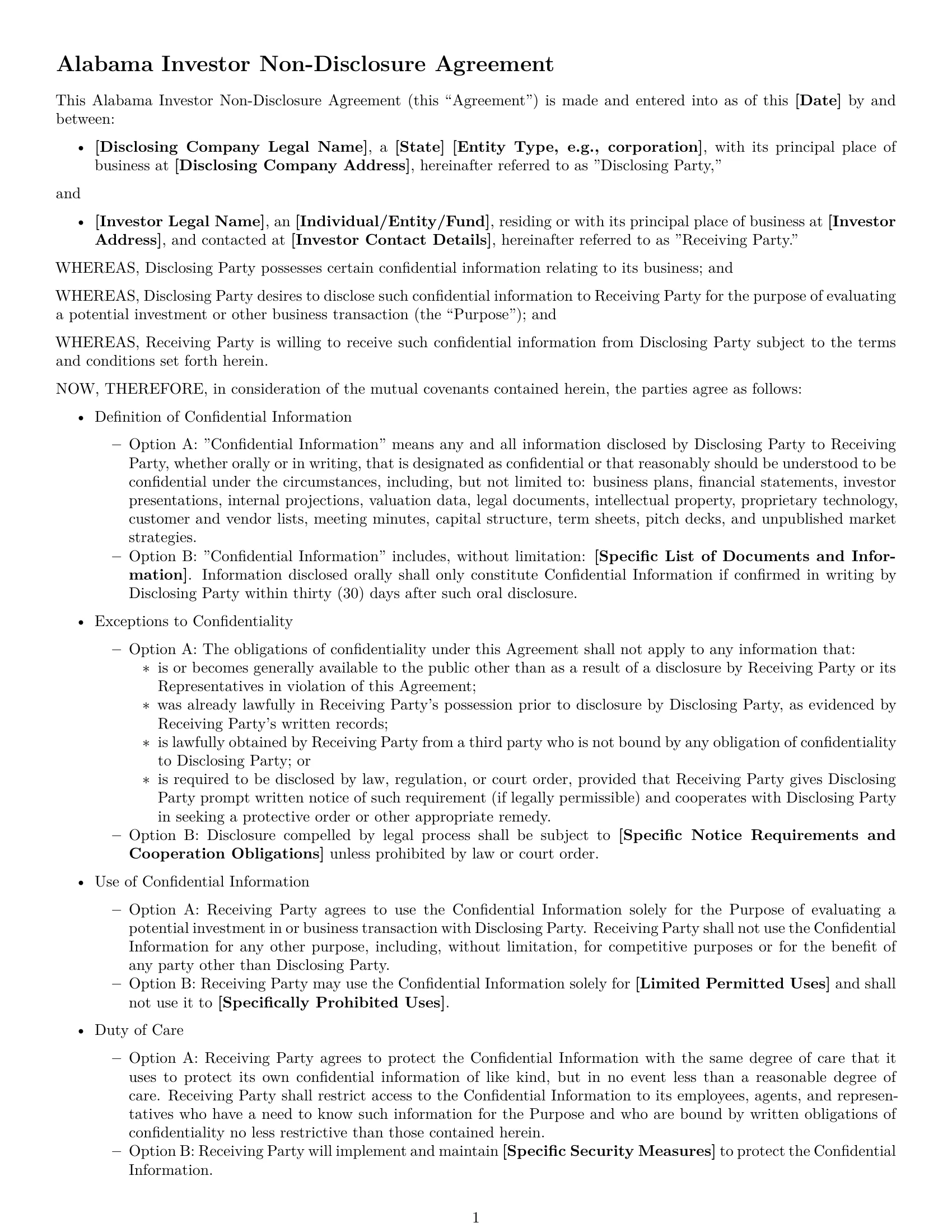 Preview page 1 of Free Alabama investor nda template