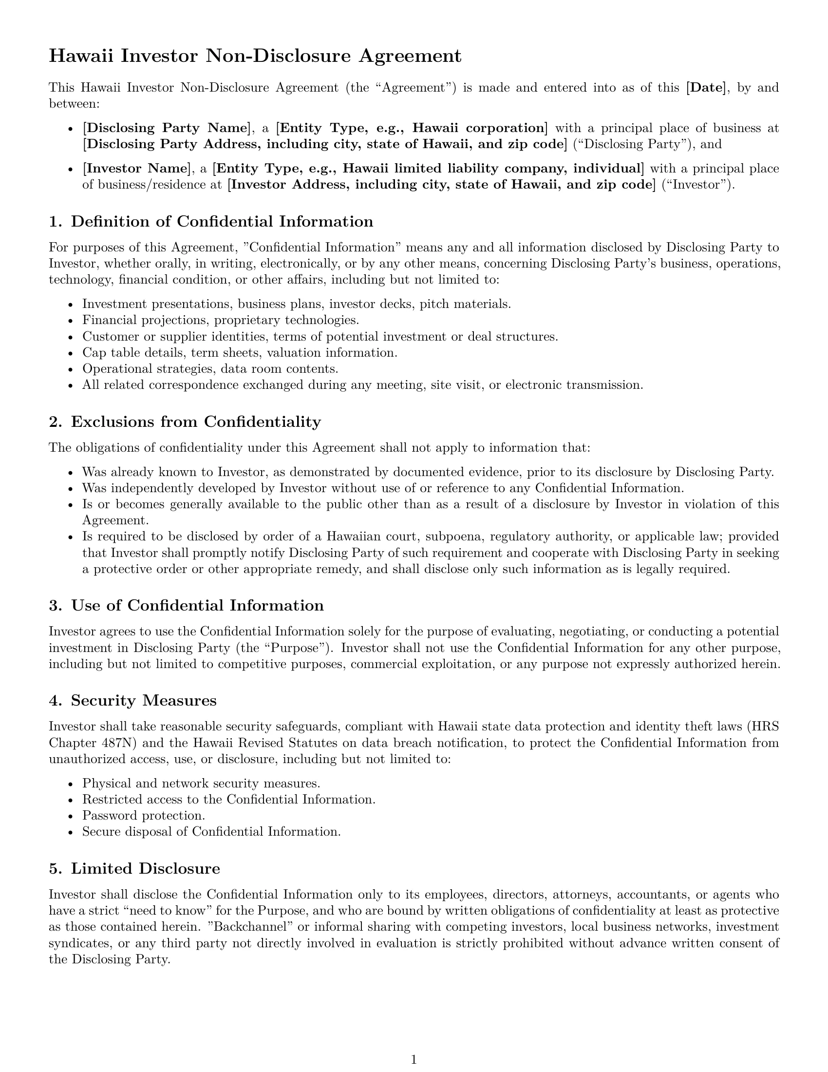 Preview page 1 of Free Hawaii investor nda template