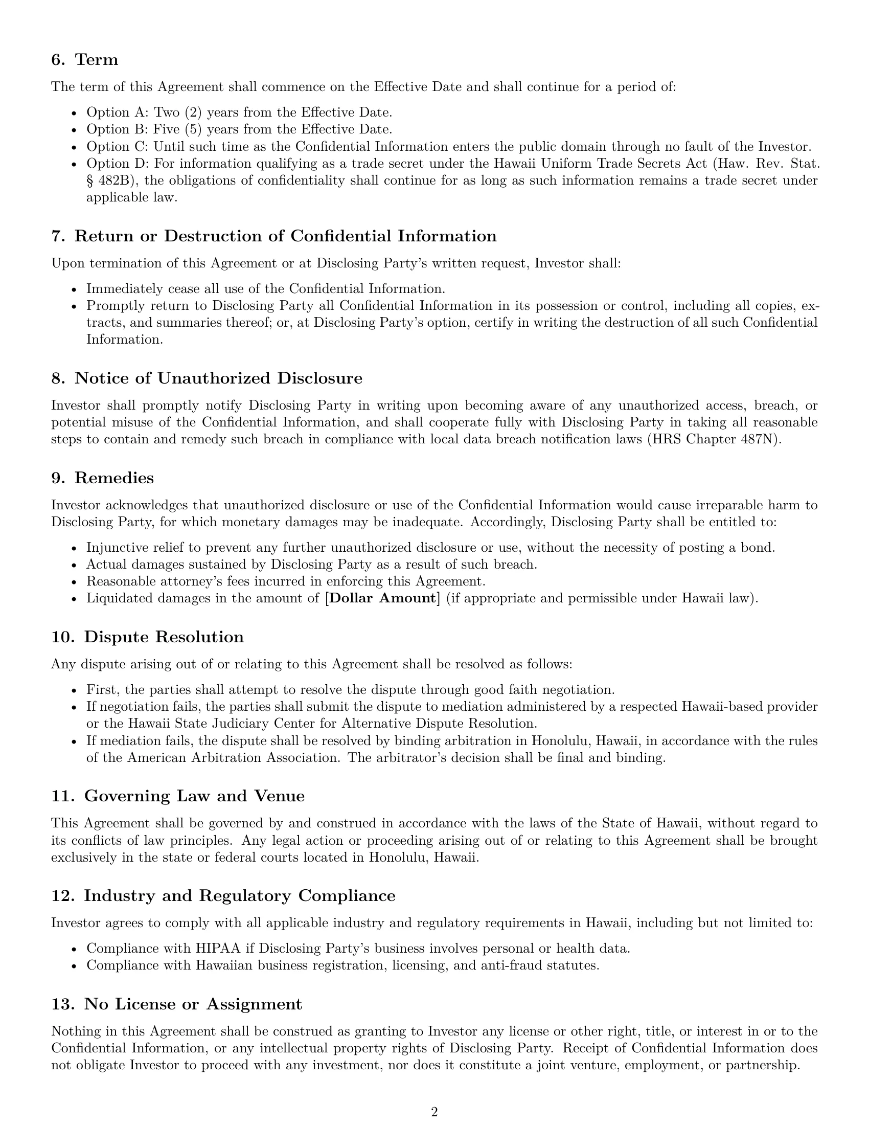 Preview page 2 of Free Hawaii investor nda template