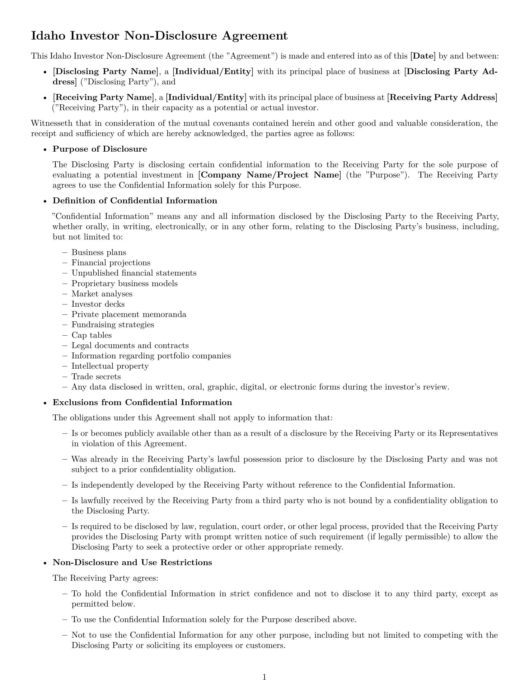 Preview page 1 of Free Idaho investor nda template