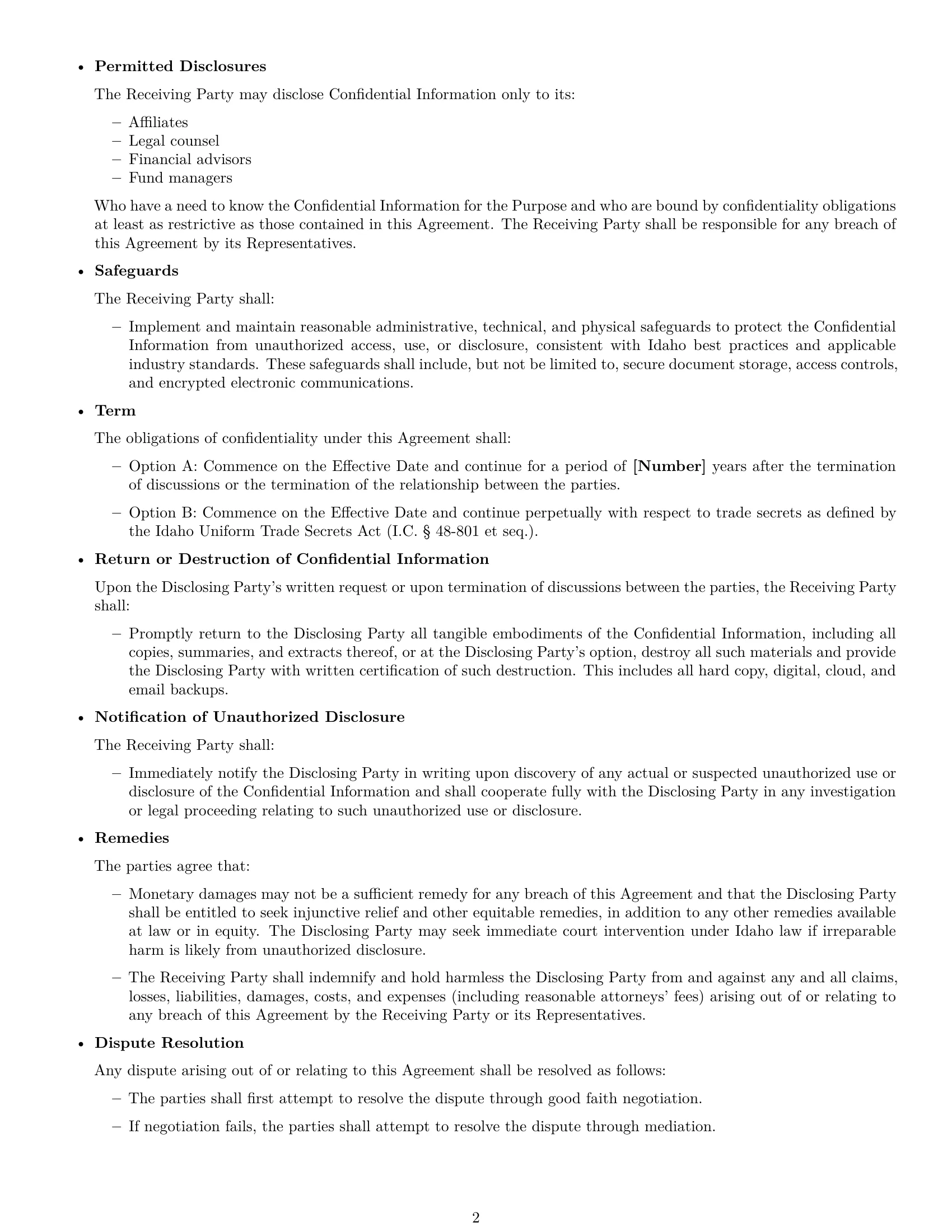 Preview page 2 of Free Idaho investor nda template