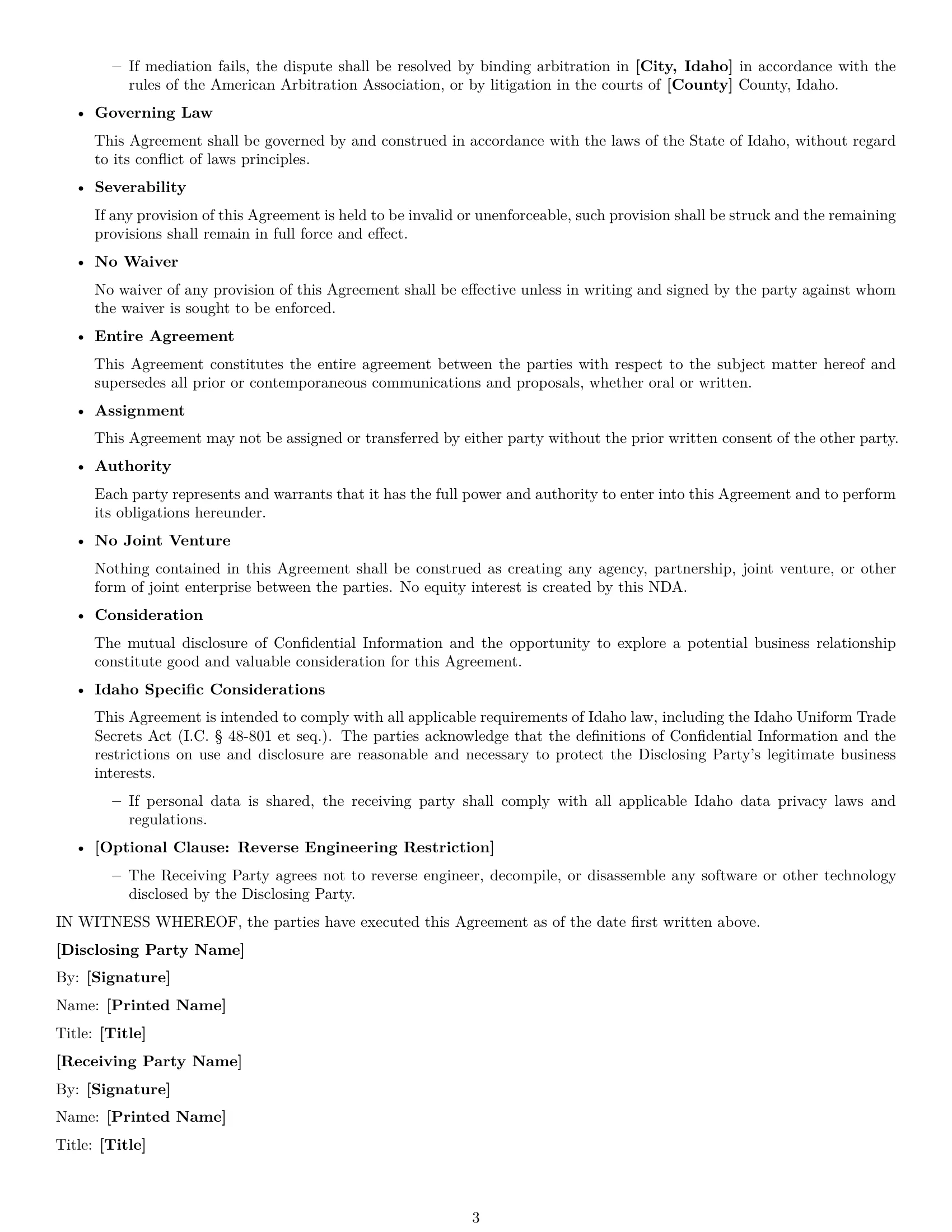 Preview page 3 of Free Idaho investor nda template