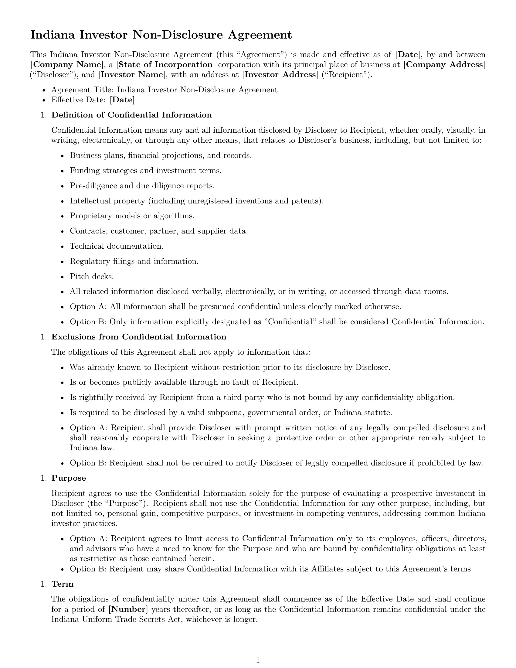 Preview page 1 of Free Indiana investor nda template