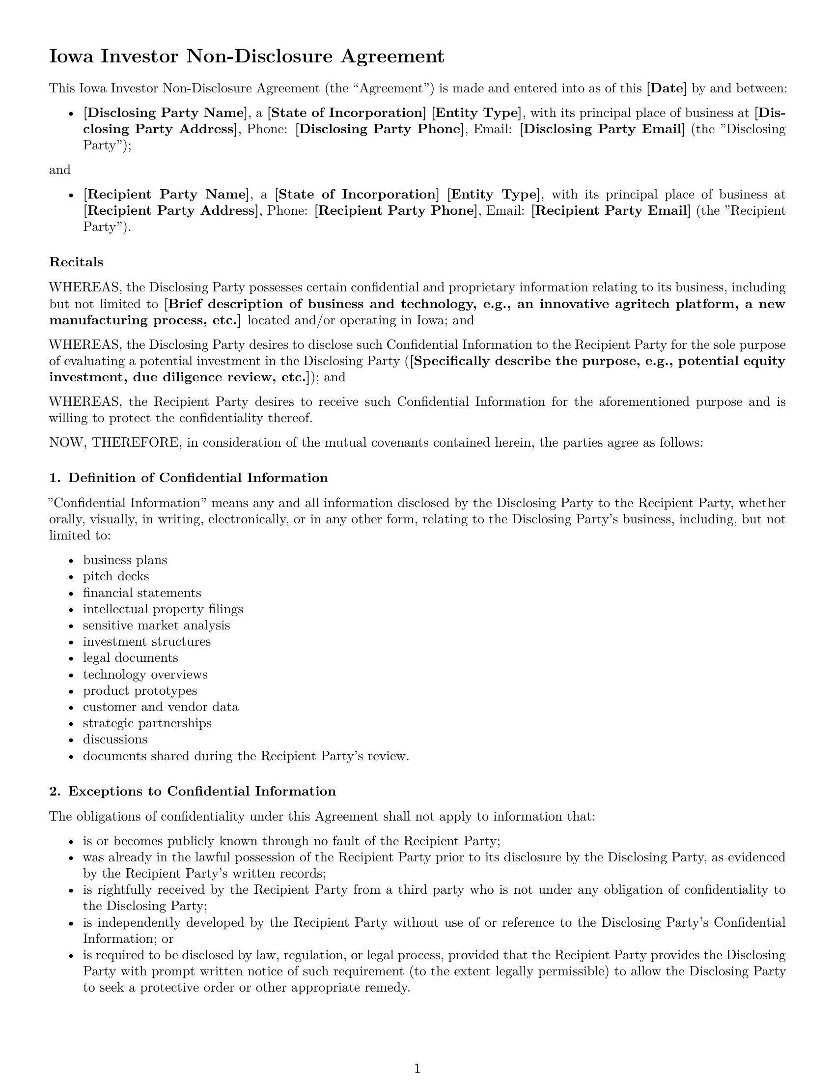 Preview page 1 of Free Iowa investor nda template