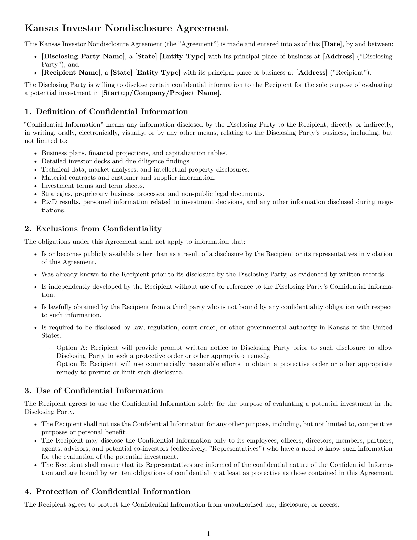 Preview page 1 of Free Kansas investor nda template