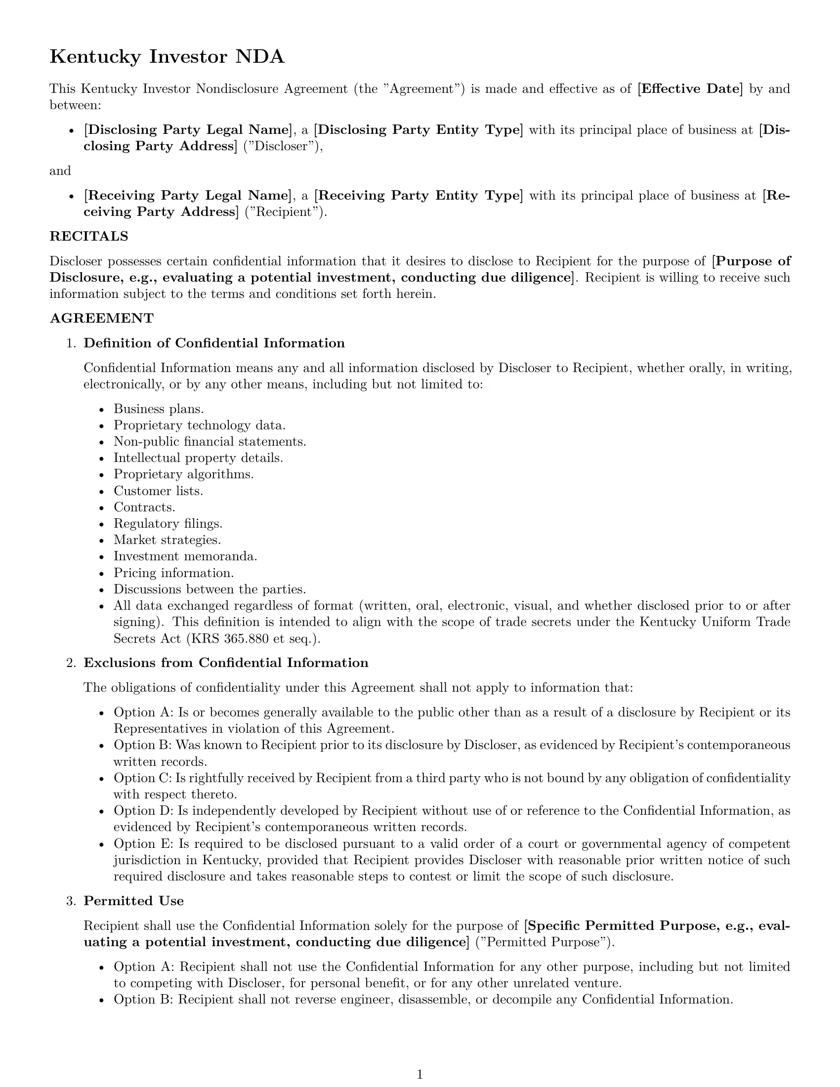 Preview page 1 of Free Kentucky investor nda template