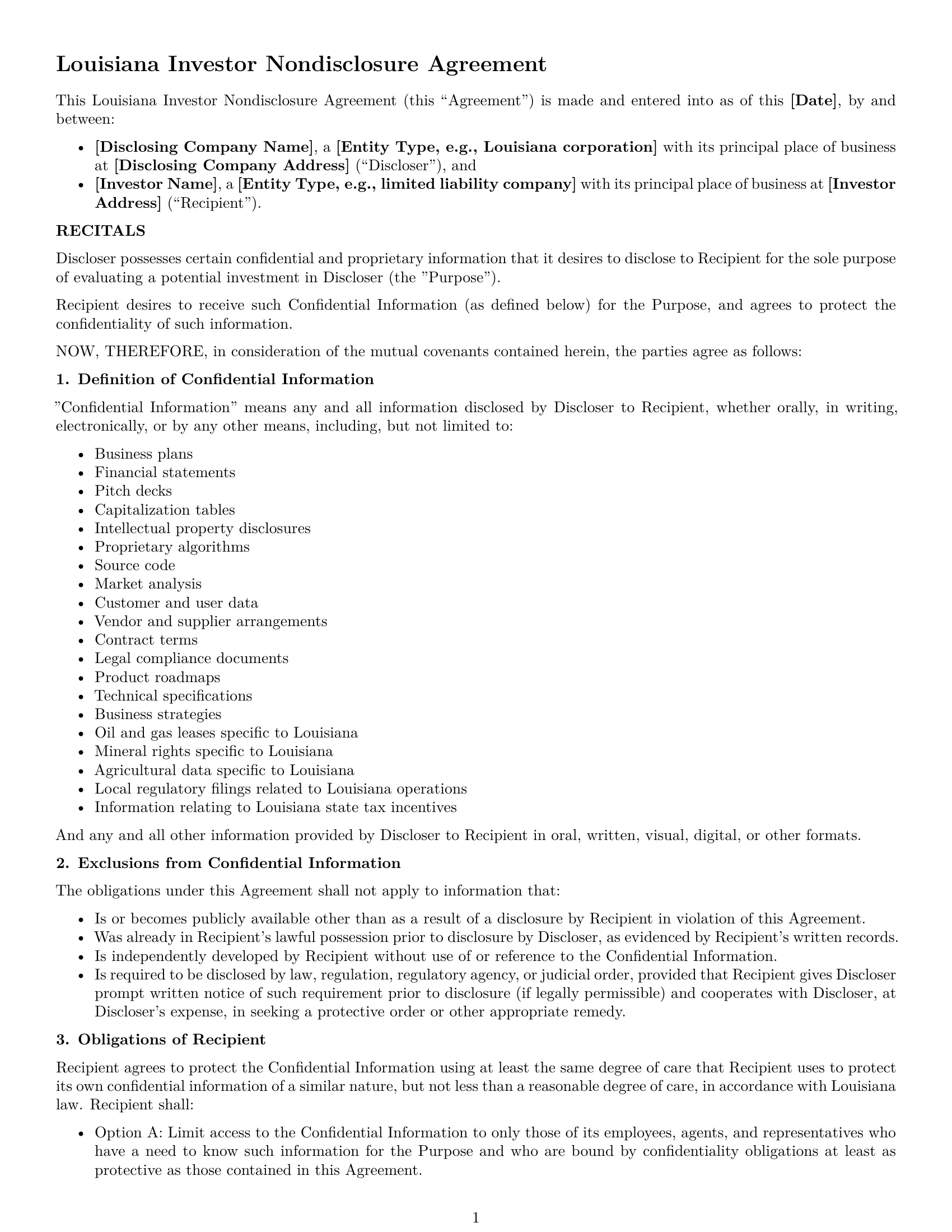 Preview page 1 of Free Louisiana investor nda template