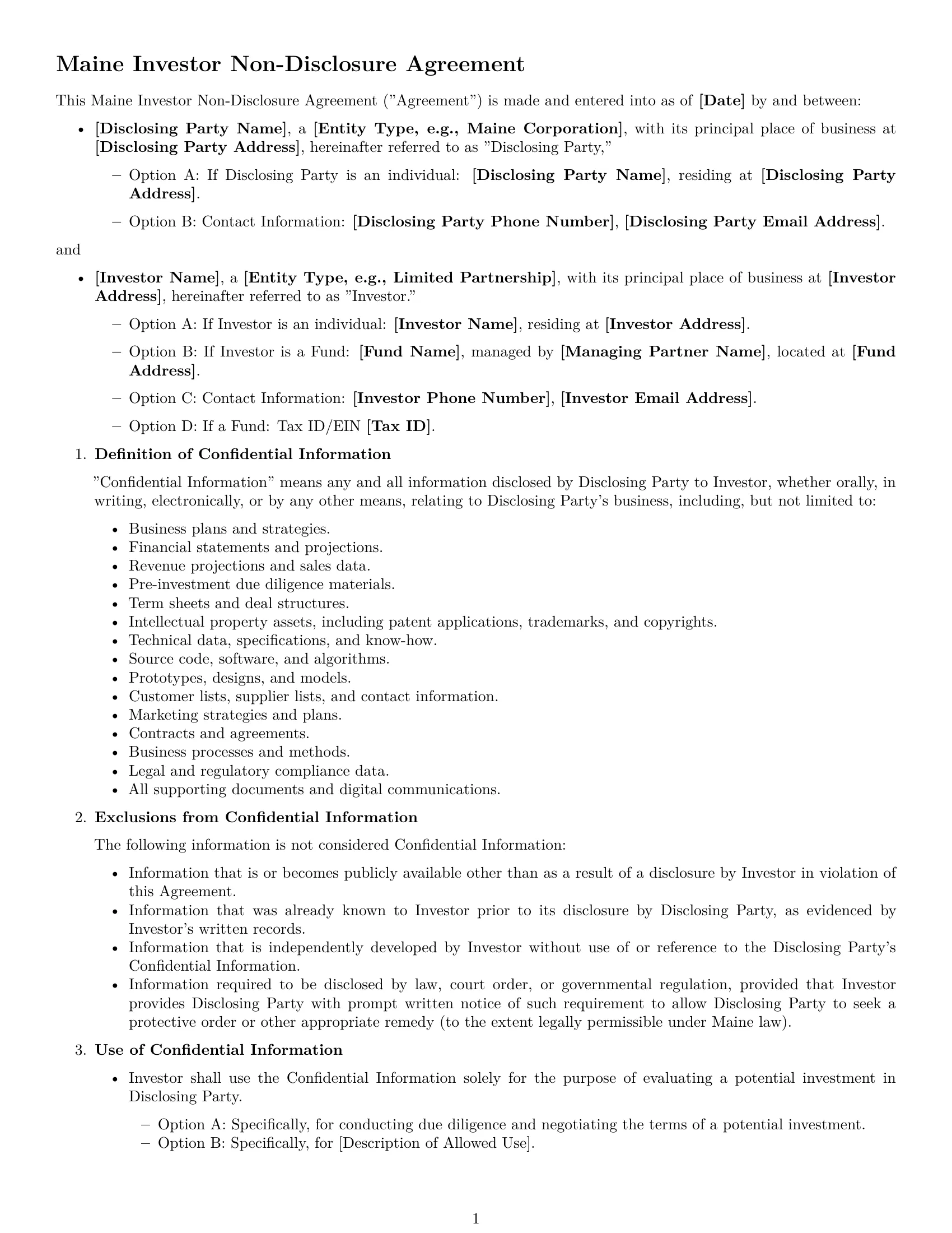 Preview page 1 of Free Maine investor nda template