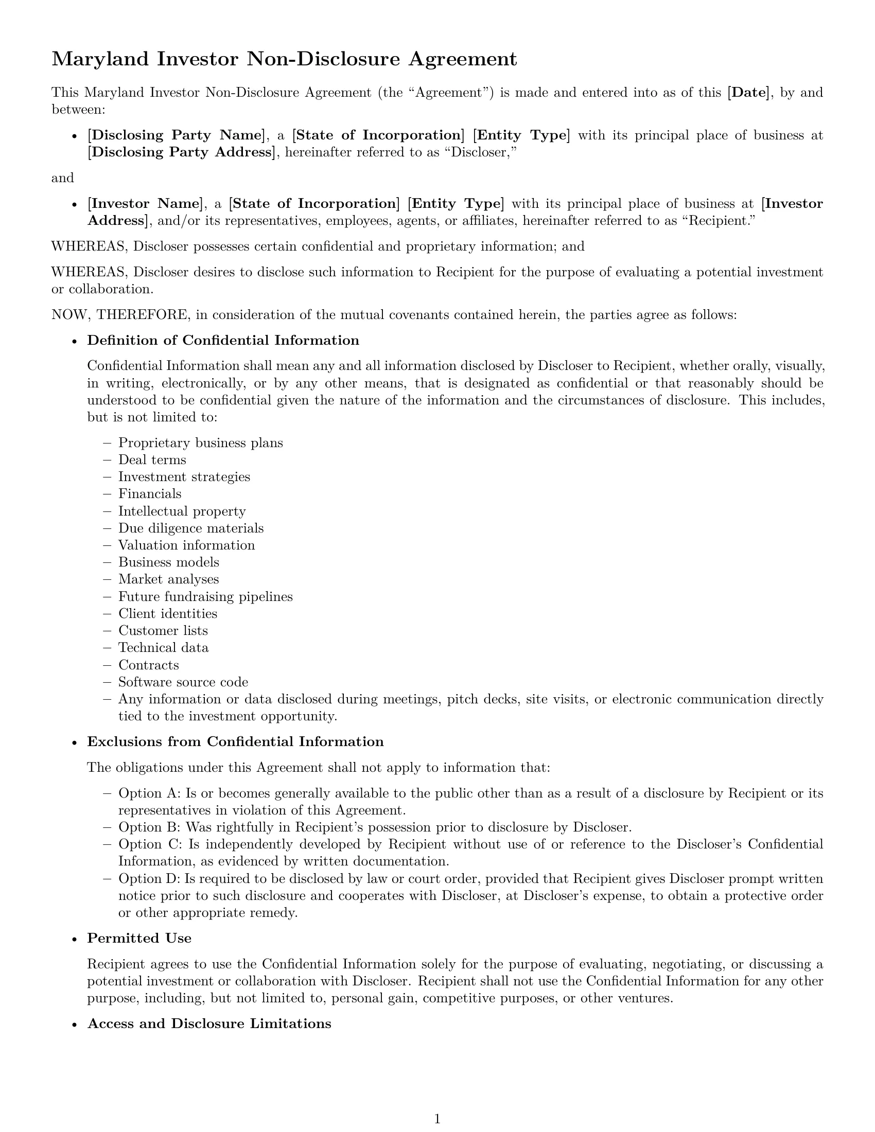 Preview page 1 of Free Maryland investor nda template