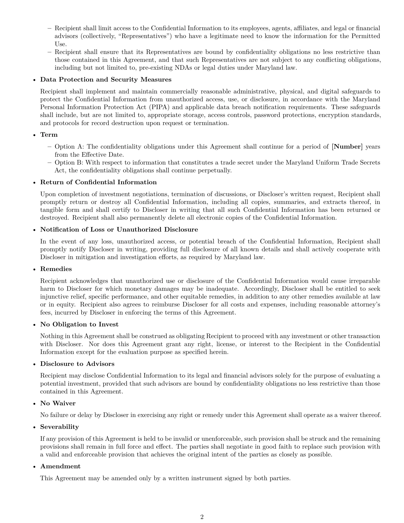 Preview page 2 of Free Maryland investor nda template