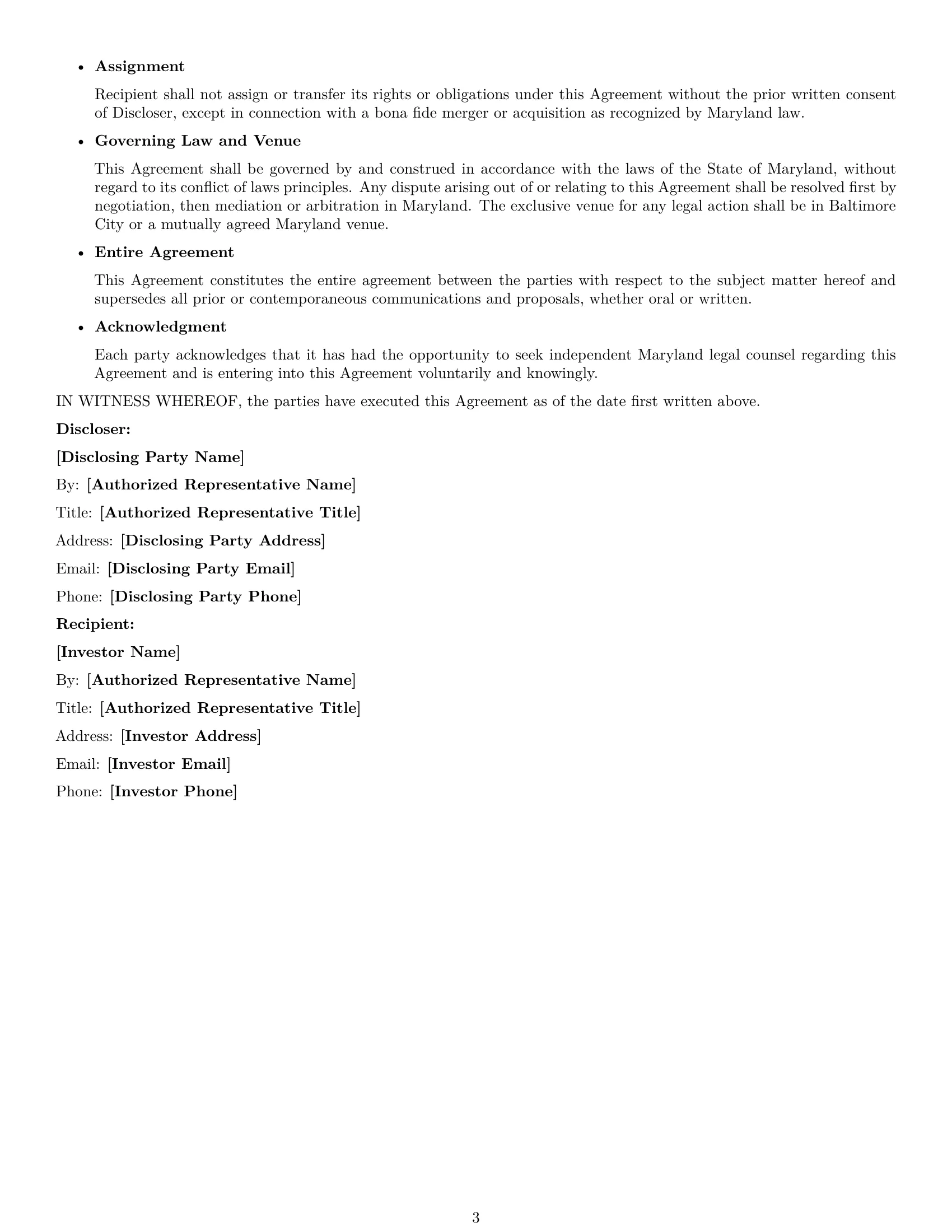 Preview page 3 of Free Maryland investor nda template