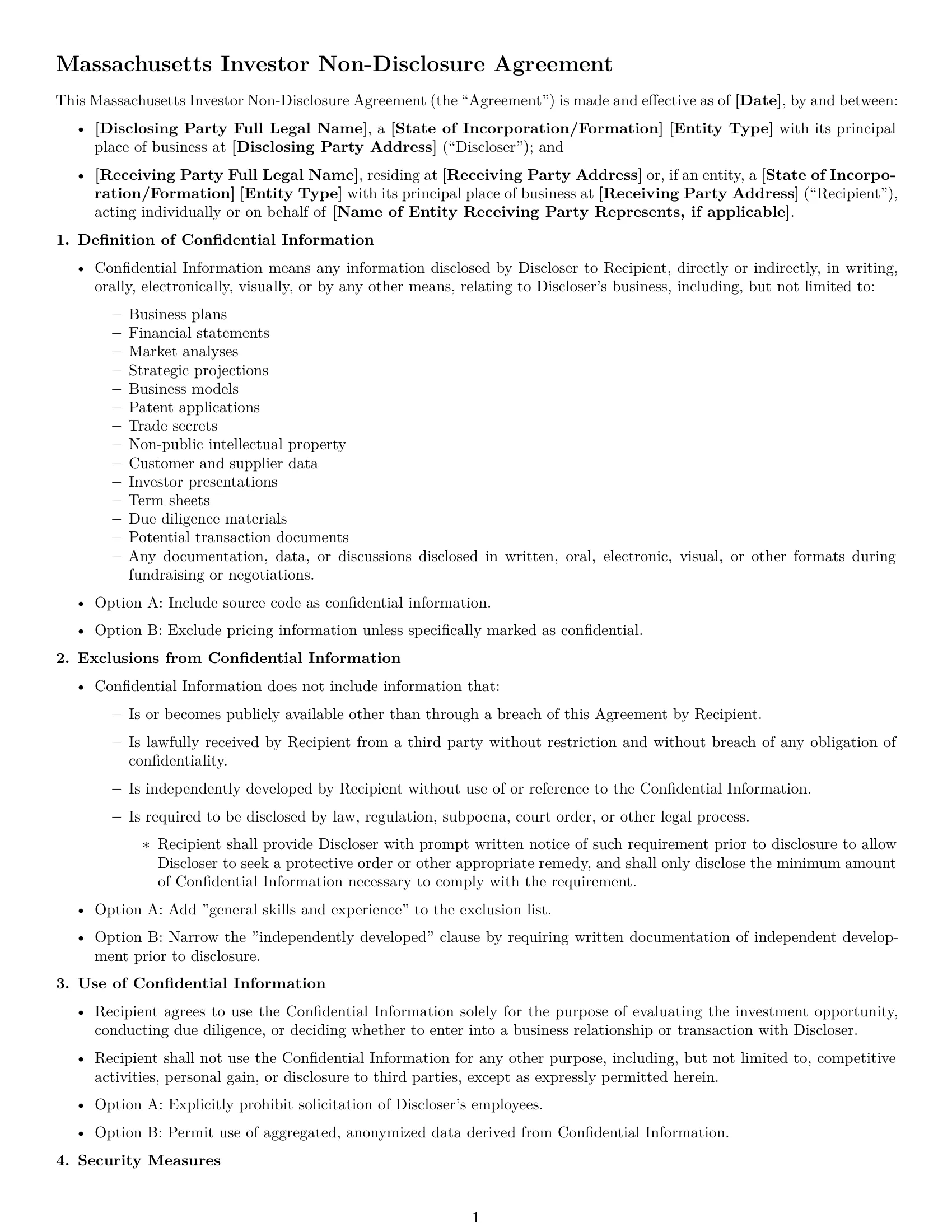 Preview page 1 of Free Massachusetts investor nda template