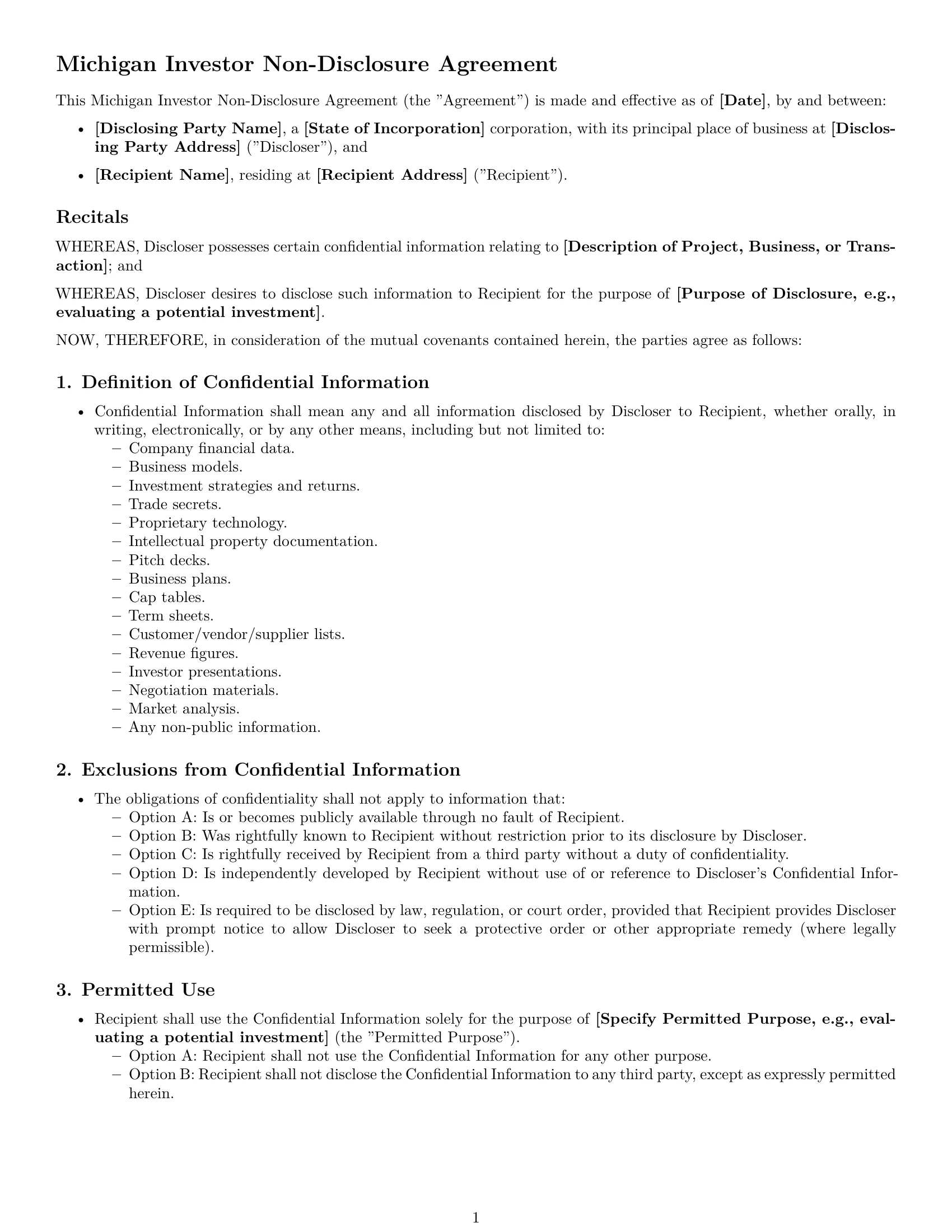 Preview page 1 of Free Michigan investor nda template