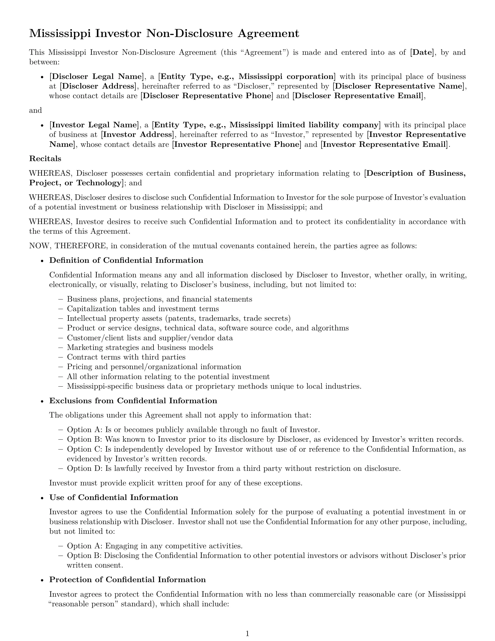 Preview page 1 of Free Mississippi investor nda template