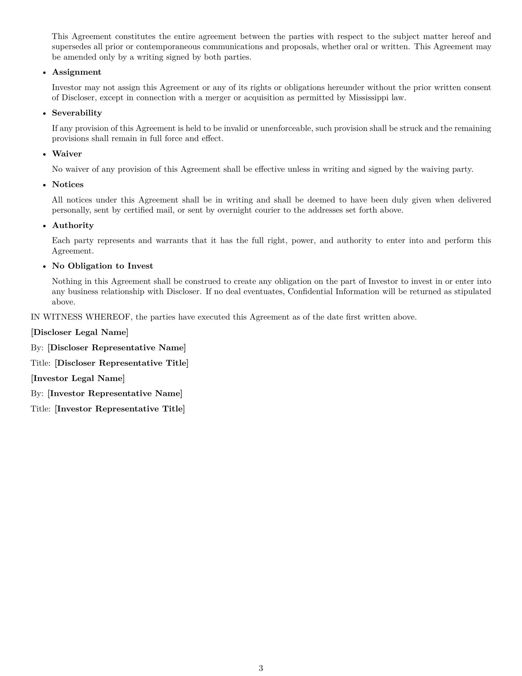 Preview page 3 of Free Mississippi investor nda template