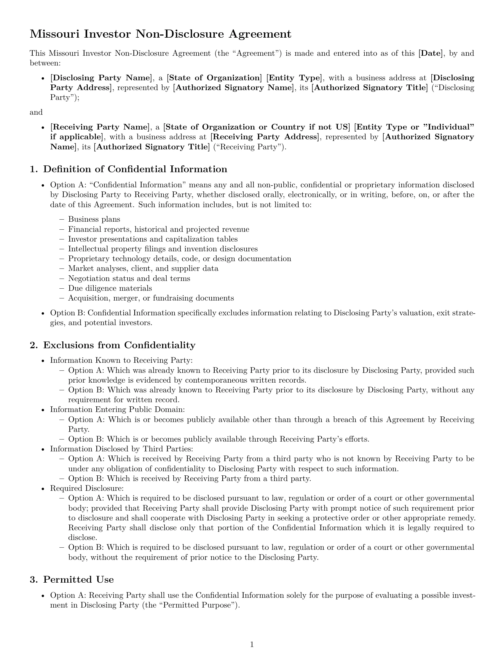Preview page 1 of Free Missouri investor nda template