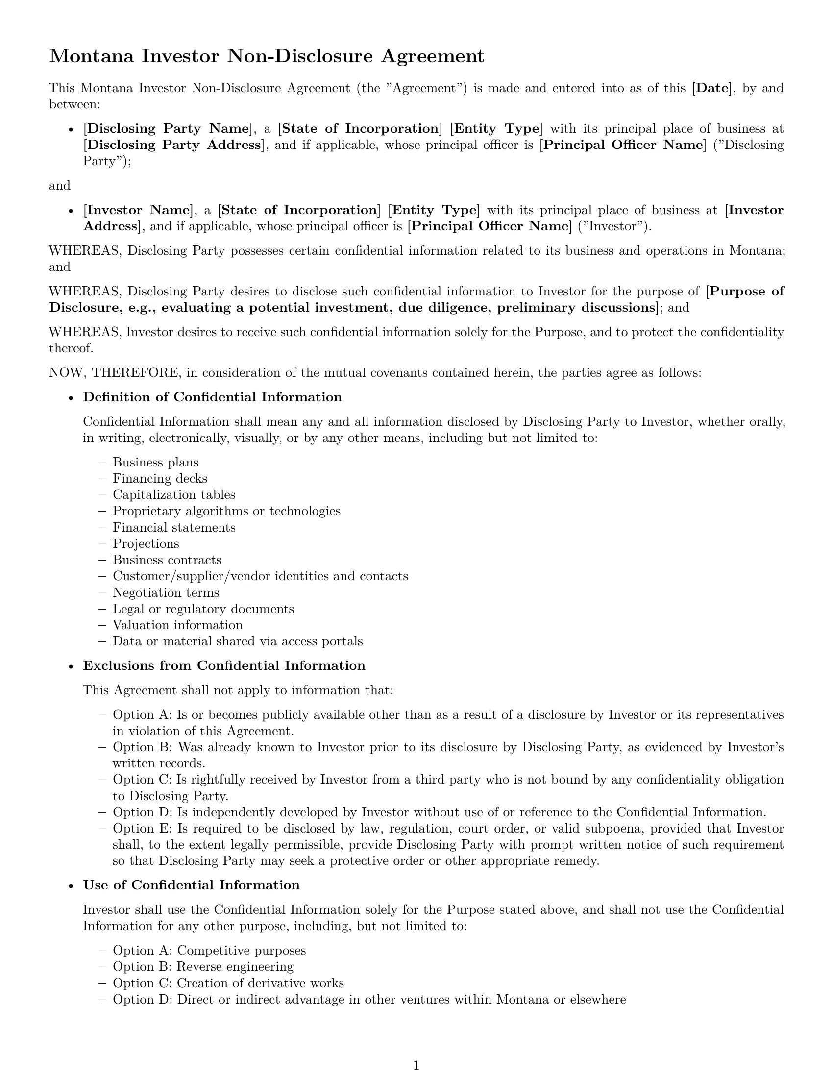 Preview page 1 of Free Montana investor nda template